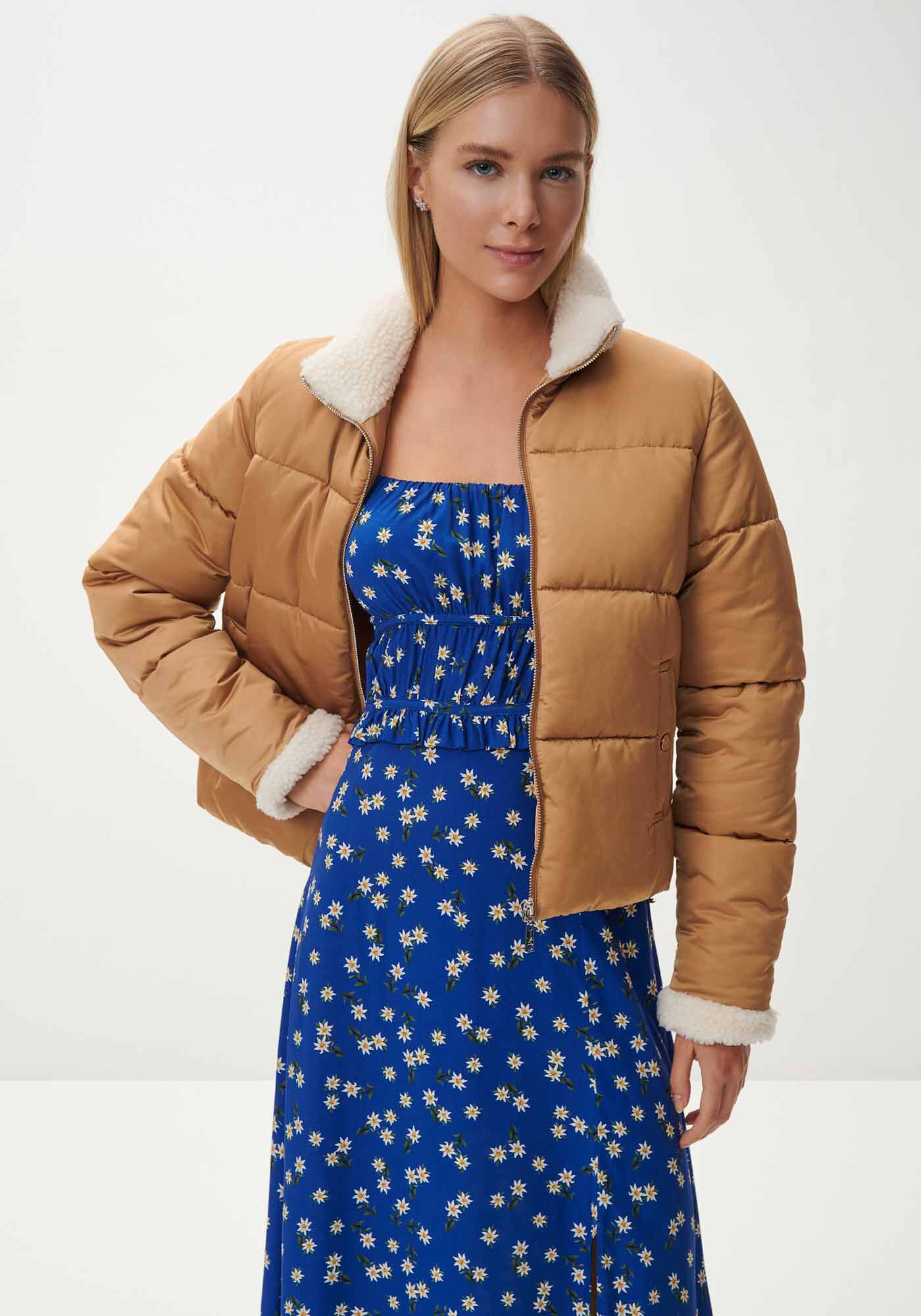 Vestido Midi Estampado com Manga Bufante e Fenda, , large.