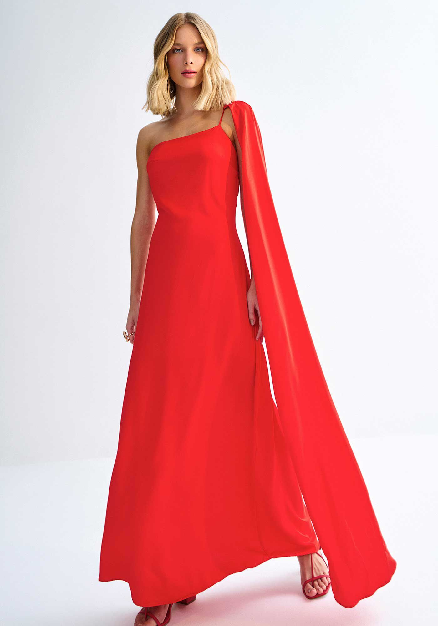 Vestido Longo Um Ombro S&oacute; com M&aacute;xi Manga Remov&iacute;vel, , large.