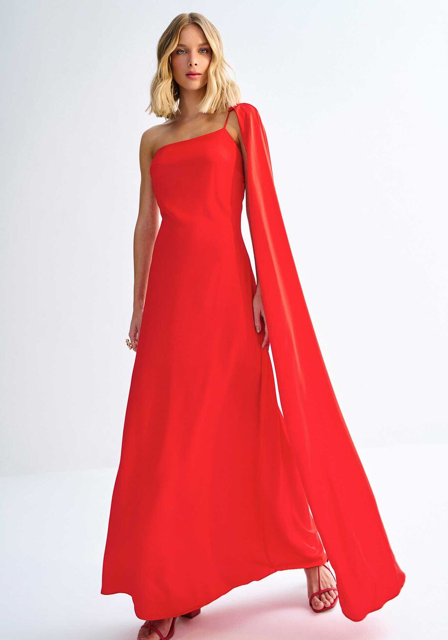Vestido Longo Um Ombro Só com Máxi Manga Removível, VERMELHO REDDISH. Vestido Longo Um Ombro Só com Máxi Manga Removível, VERMELHO REDDISH, large.