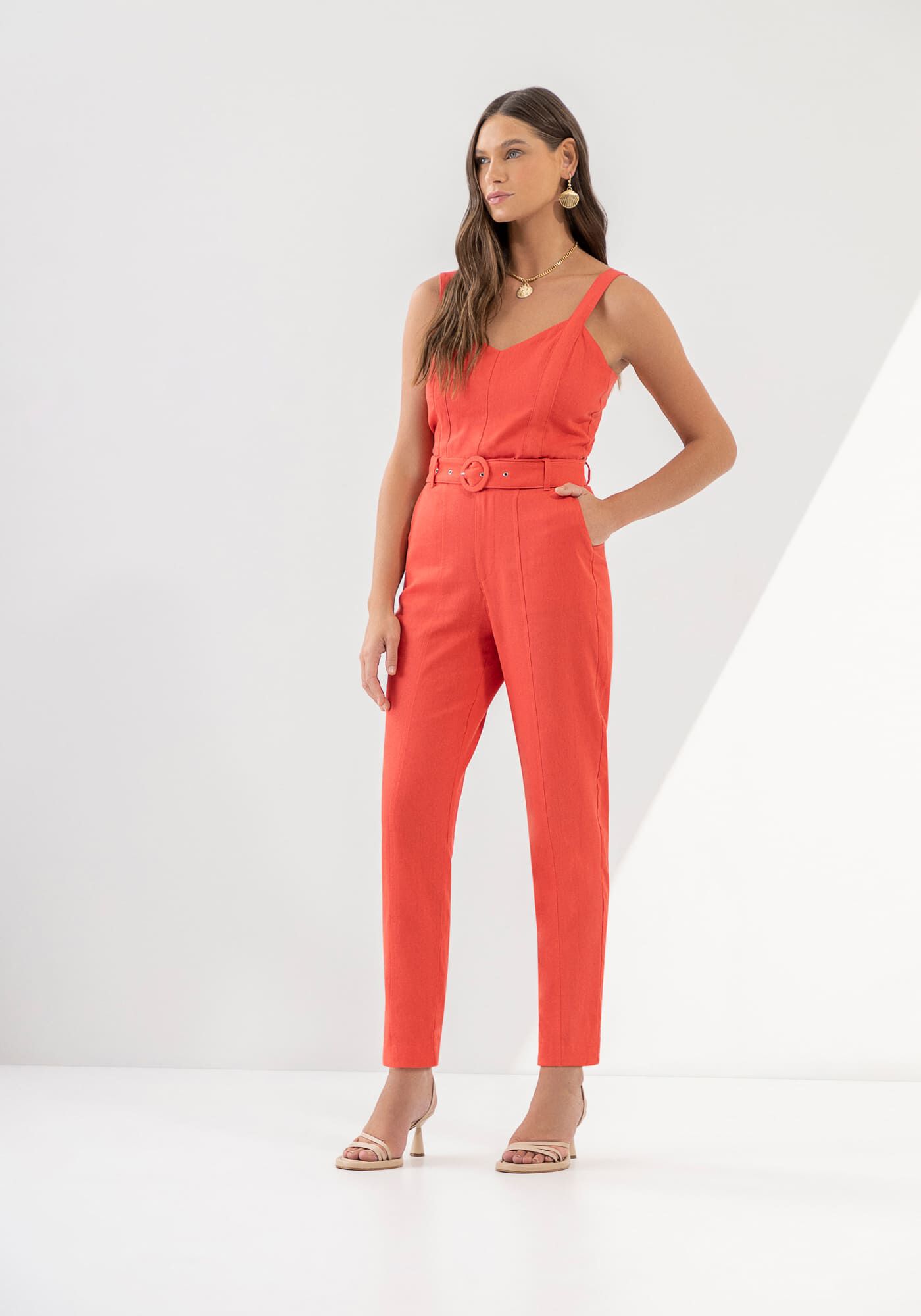 Cal&ccedil;a Carrot Alfaiataria em Linho com Cinto, , large.