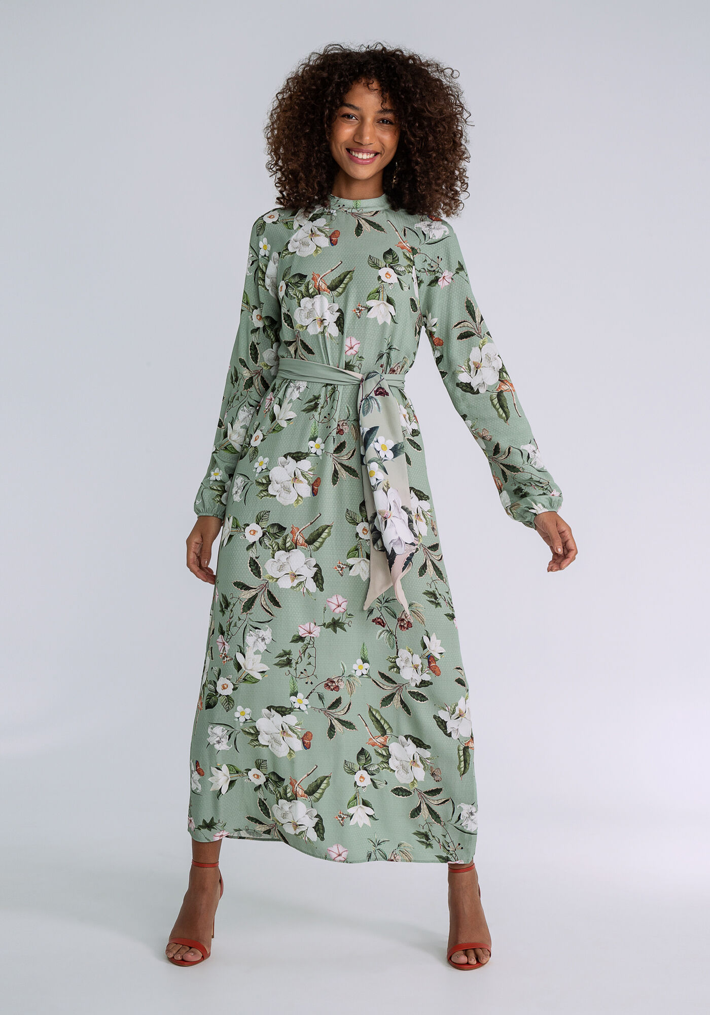 Vestido Manga Longa M&iacute;di com Faixa, FLORAL, large.