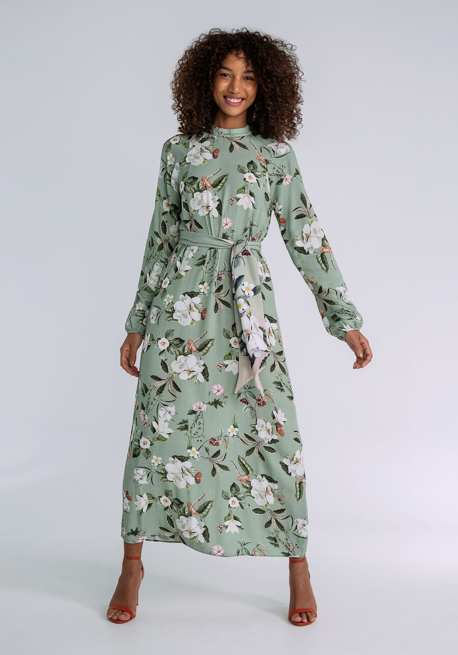 Vestido Manga Longa Mídi com Faixa, FLORAL. Vestido Manga Longa Mídi com Faixa, FLORAL, large.
