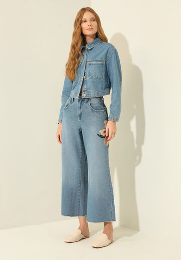 Calça Wide Leg Jeans Cropped Com Cintura Alta E Patch, JEANS. Calça Wide Leg Jeans Cropped Com Cintura Alta E Patch, JEANS, large.