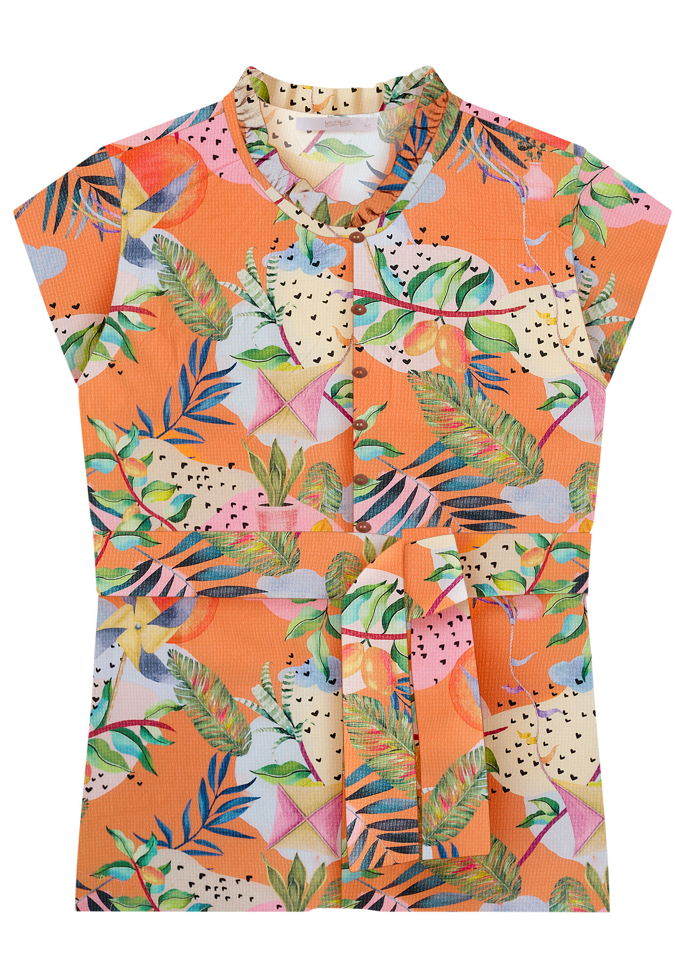 Blusa Estampada em Viscose com Bot&otilde;es e Cinto, , large.