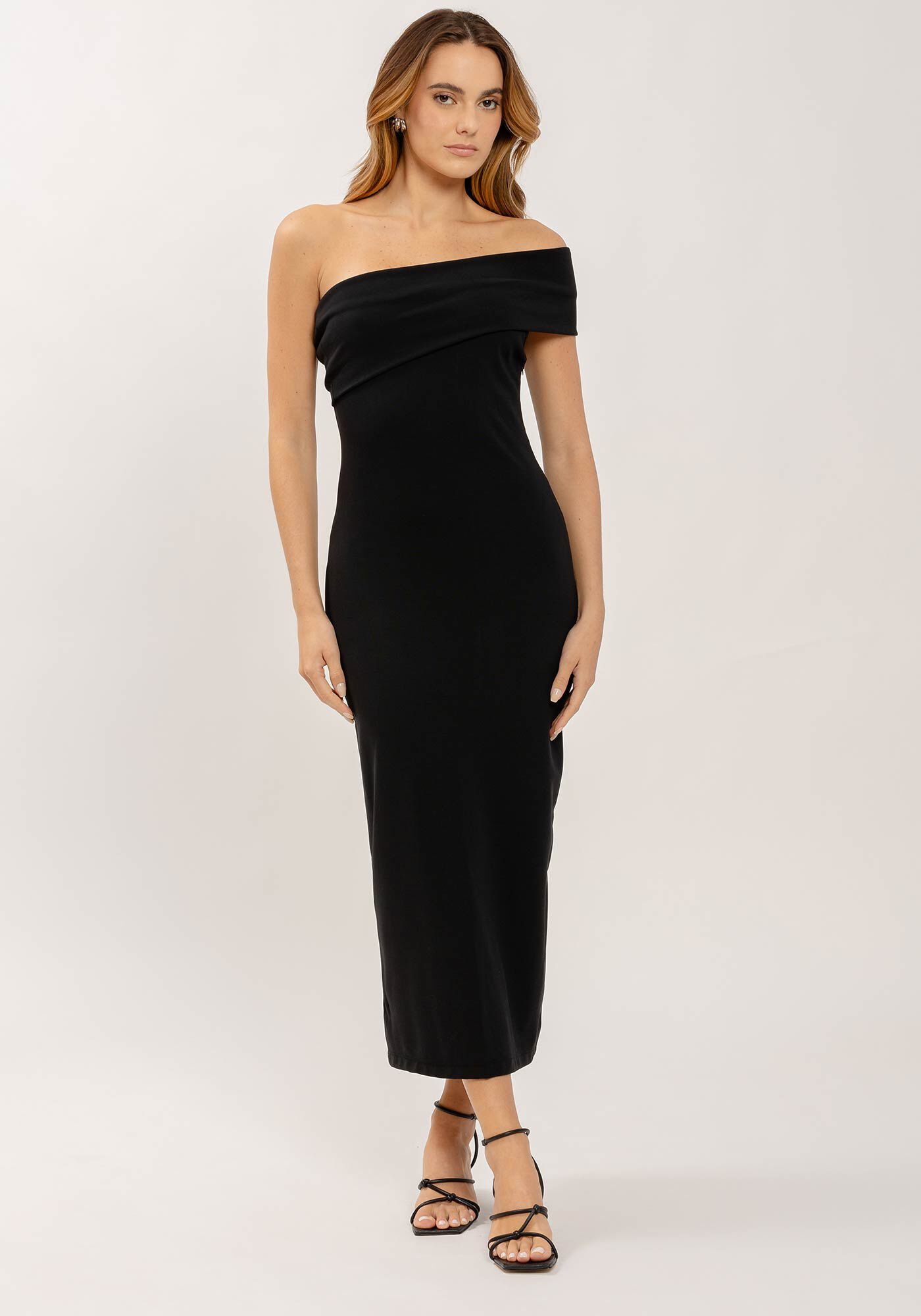 Vestido Midi Justo com Decote Um Ombro S&oacute;, , large.