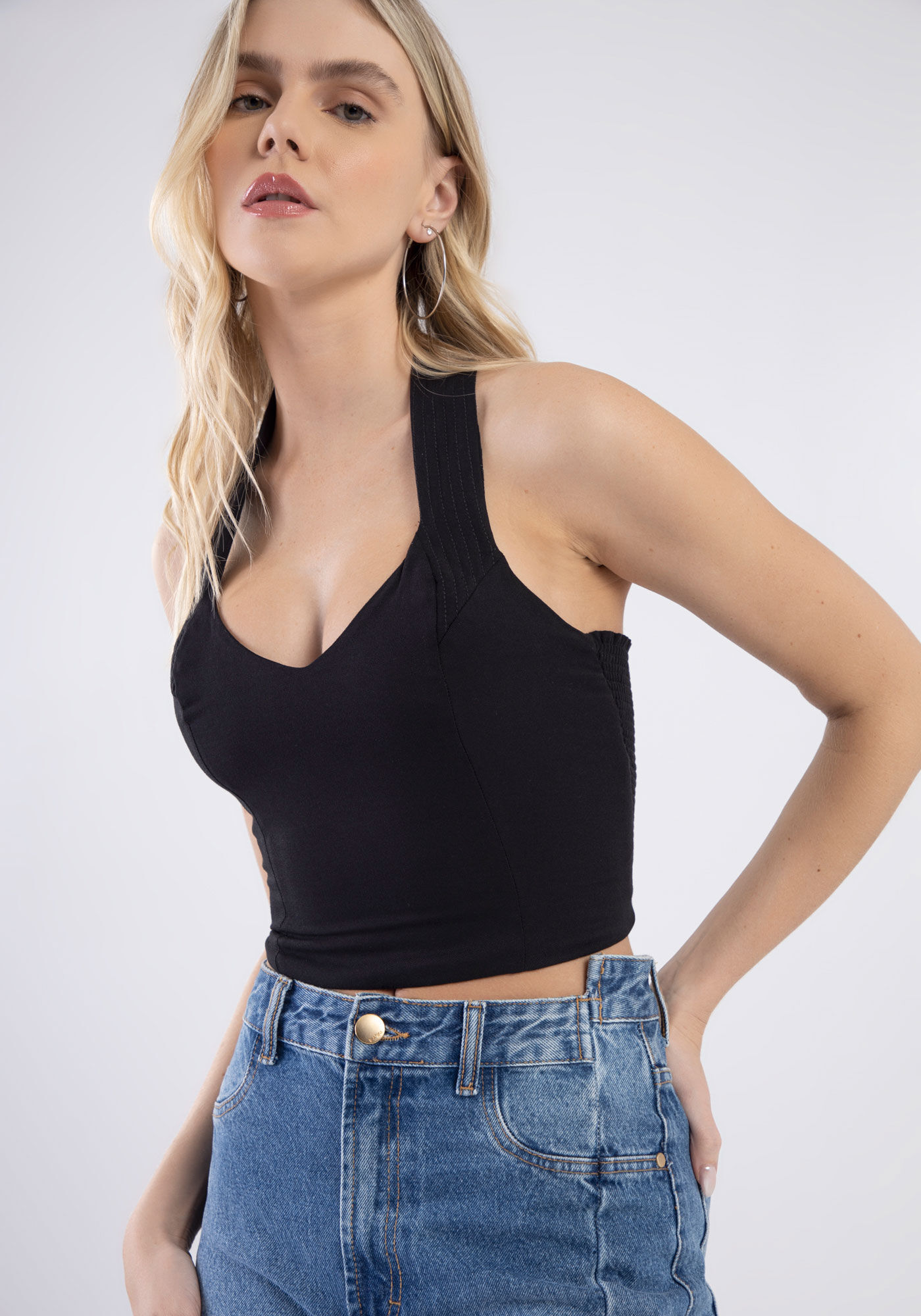 Blusa Cropped em Viscose Frente &Uacute;nica, , large.