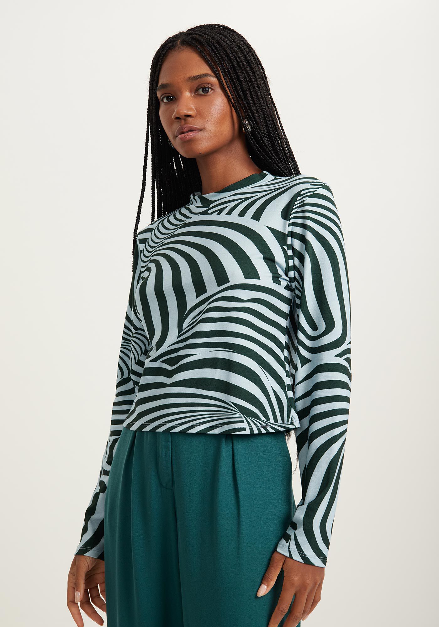 Blusa Curta Estampada De Malha Com Mangas Longas, , large.