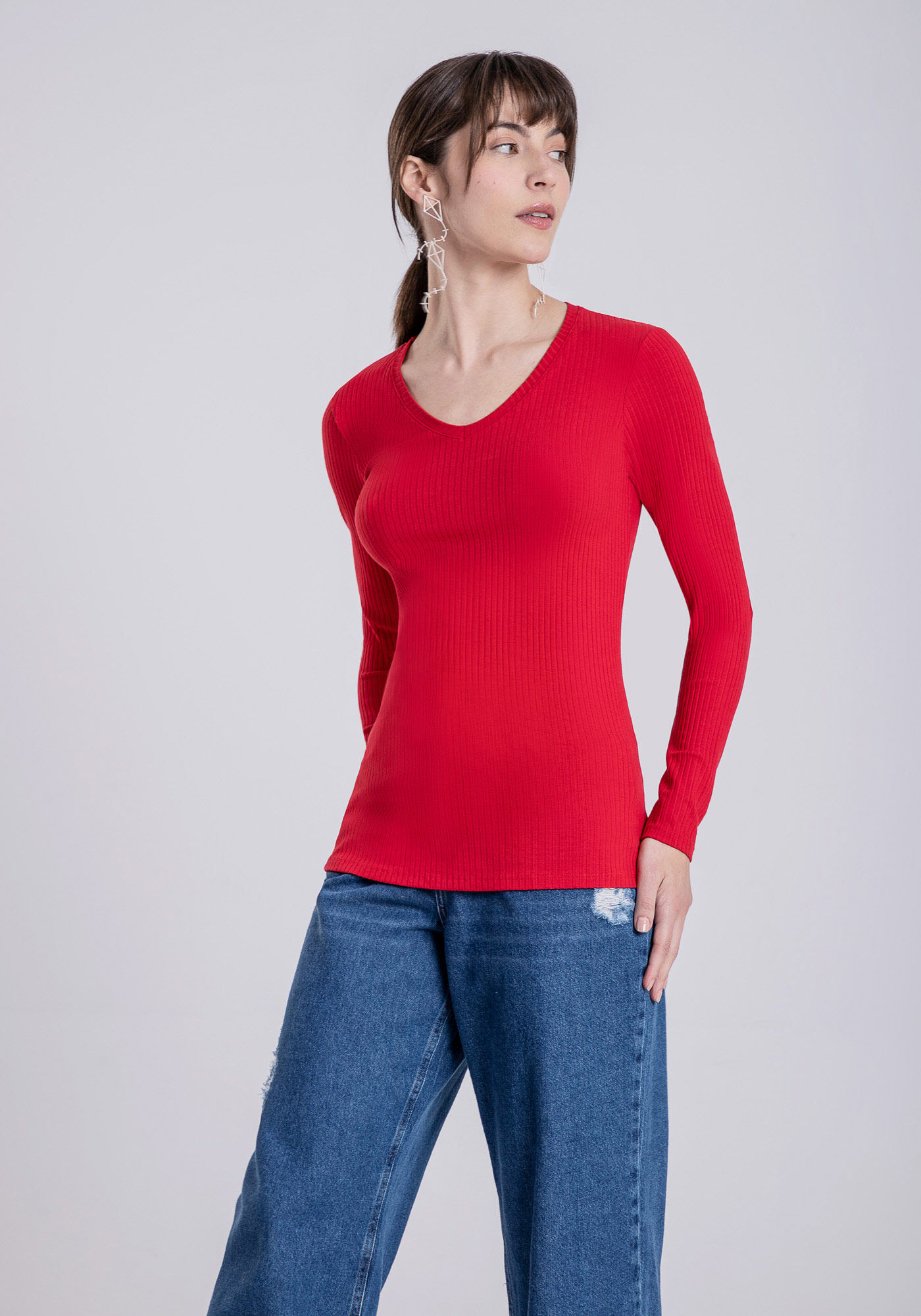 Blusa Manga Longa em Malha Decote V, , large.