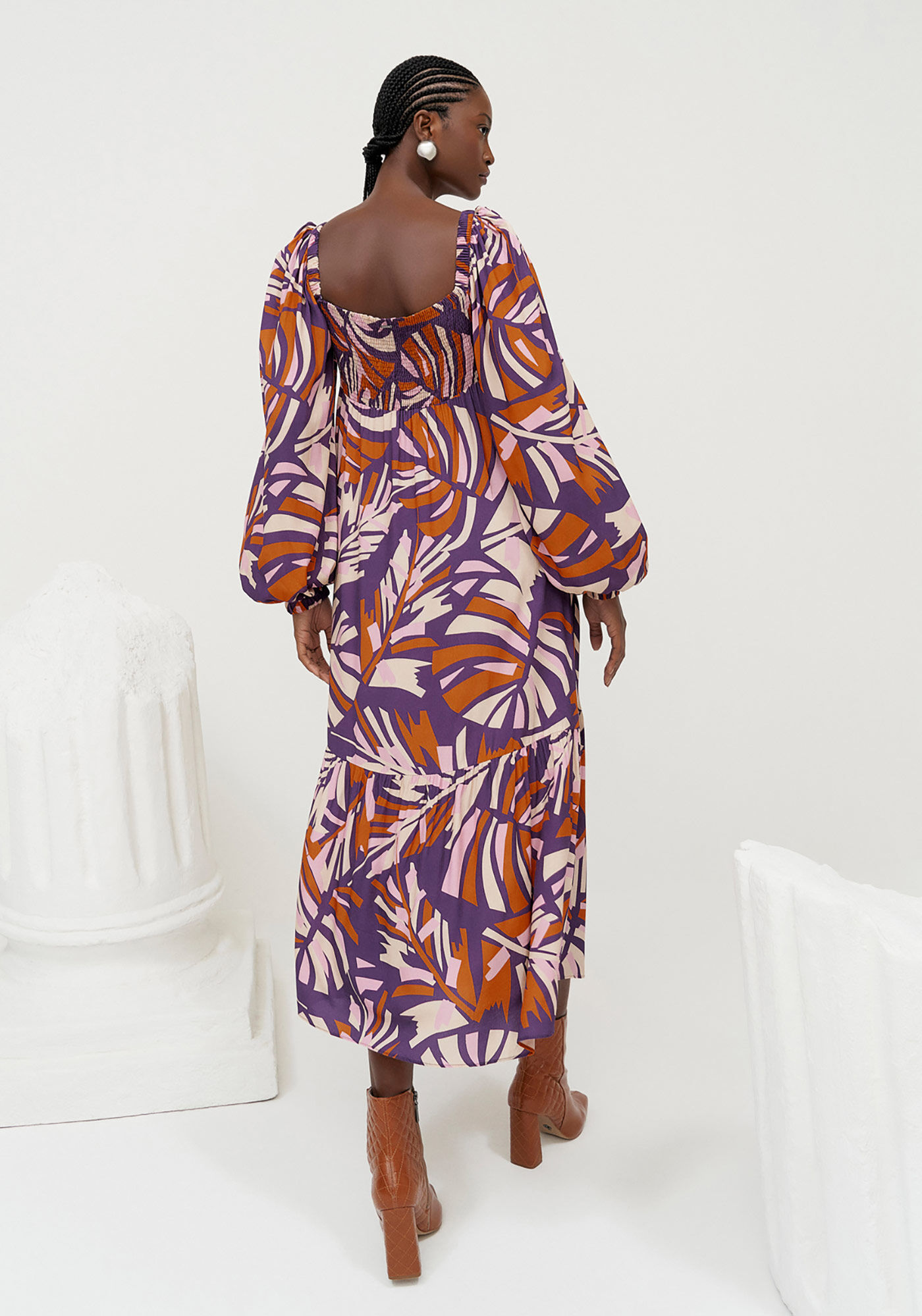 Vestido Midi Estampado com Manga Longa Bufante, , large.