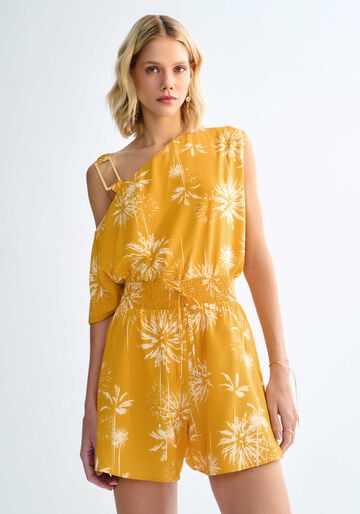 Shorts Estampado em Viscose Lurex com Lastex Cós, DATE PALMS AMARELO. Shorts Estampado em Viscose Lurex com Lastex Cós, DATE PALMS AMARELO, large.