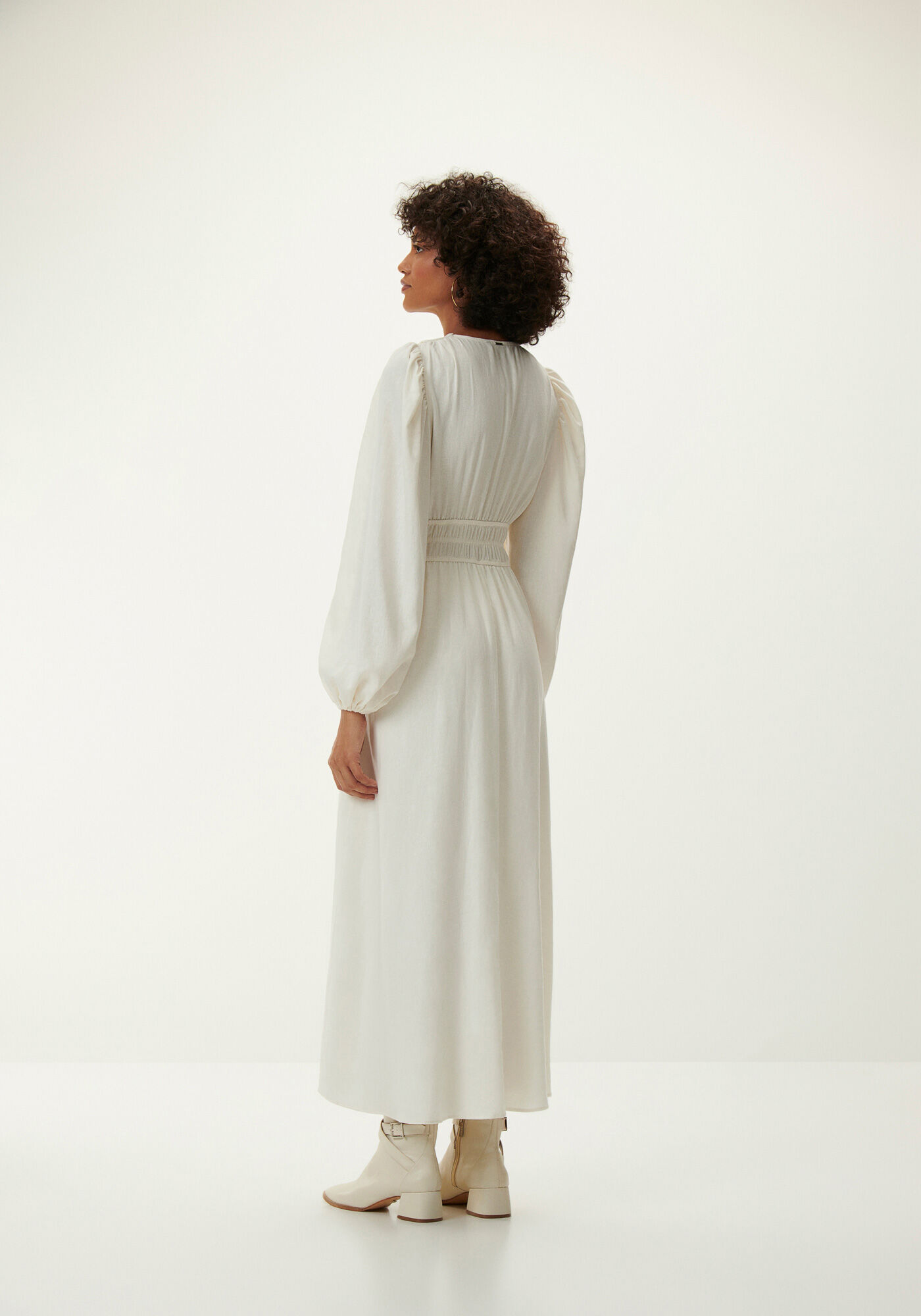 Vestido Midi em Linho com Manga Longa Bufante, , large.