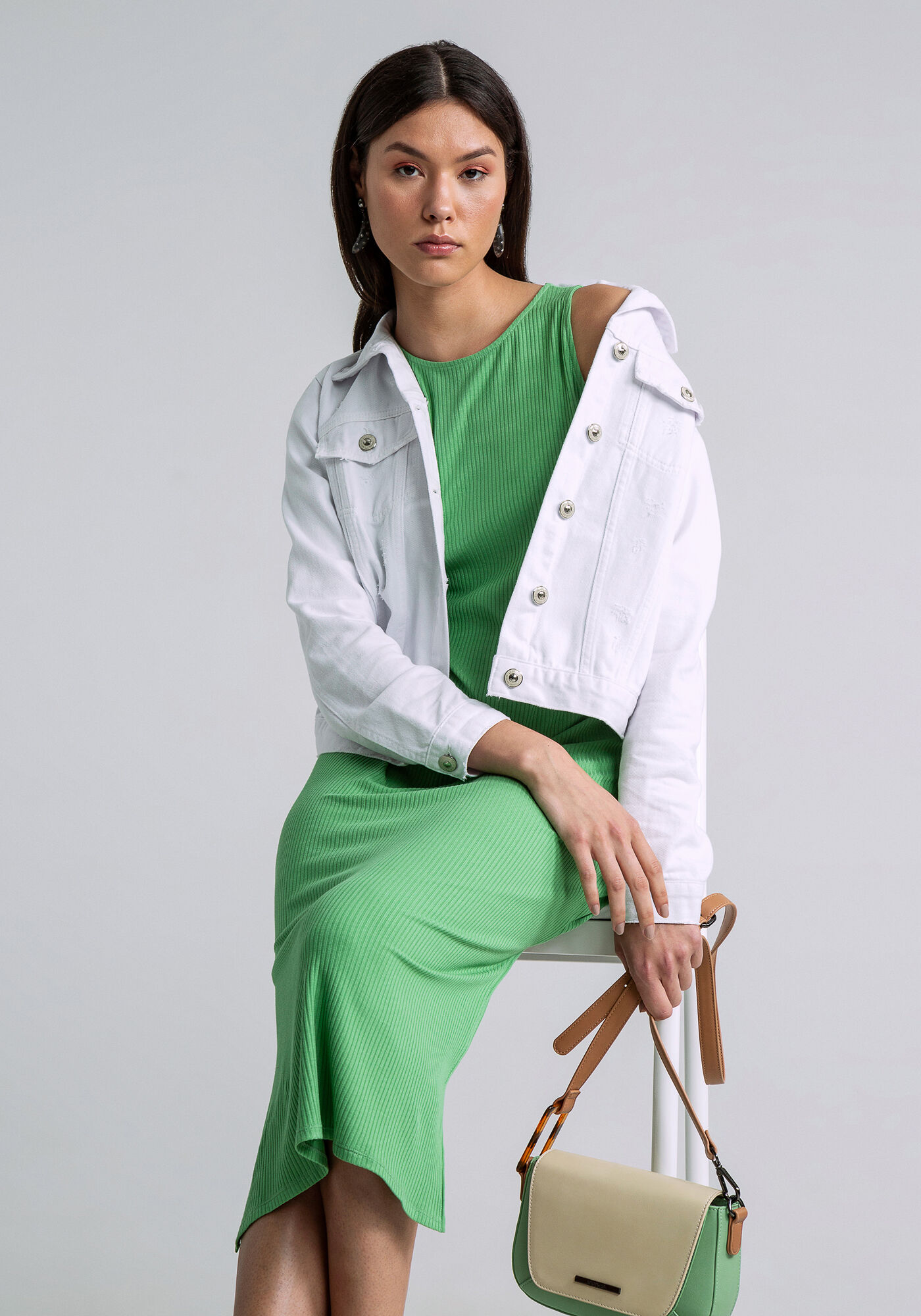 Vestido Midi Canelado Fenda, VERDE, large.