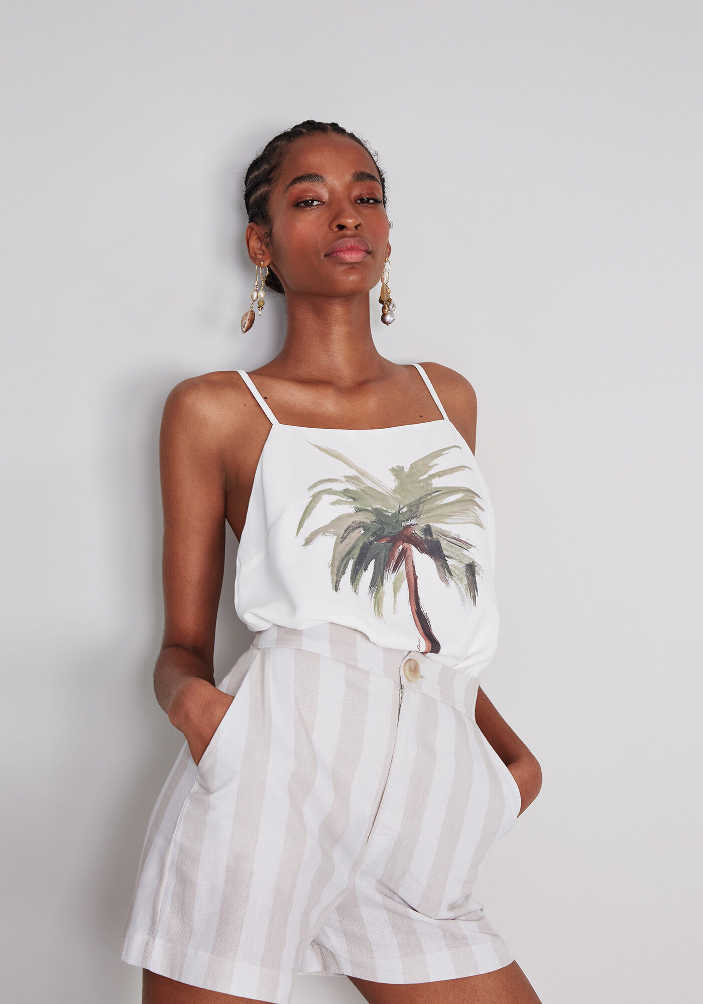 Shorts Cintura Alta Linho Estampa, , large.