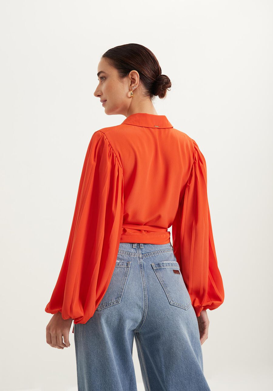 Blusa Curta Transpassada Com Mangas Longas Plissadas, LARANJA TOMILHO. Blusa Curta Transpassada Com Mangas Longas Plissadas, LARANJA TOMILHO, large.