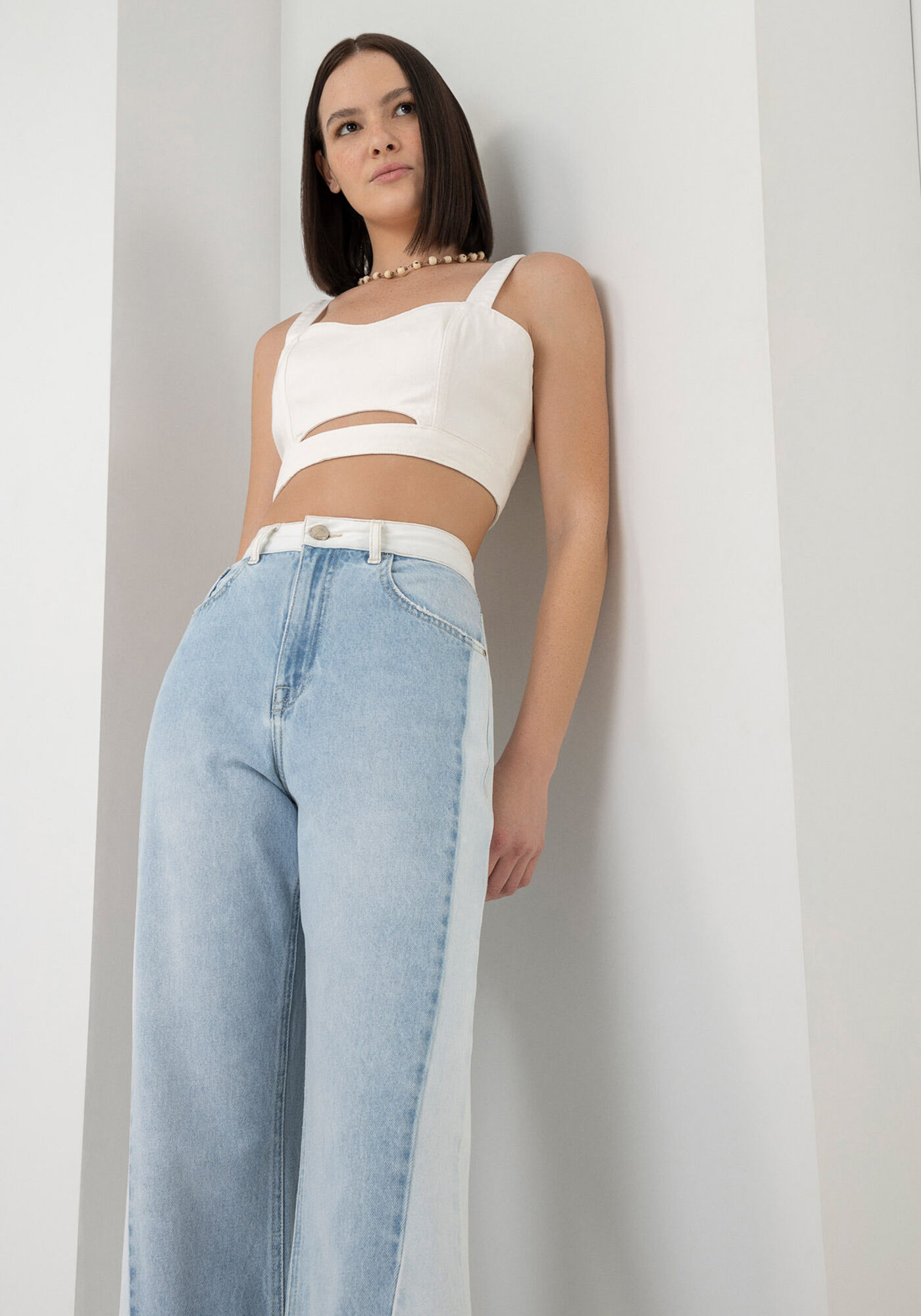 Cal&ccedil;a Jeans Wide Leg Super Alta com Recortes Duo, , large.