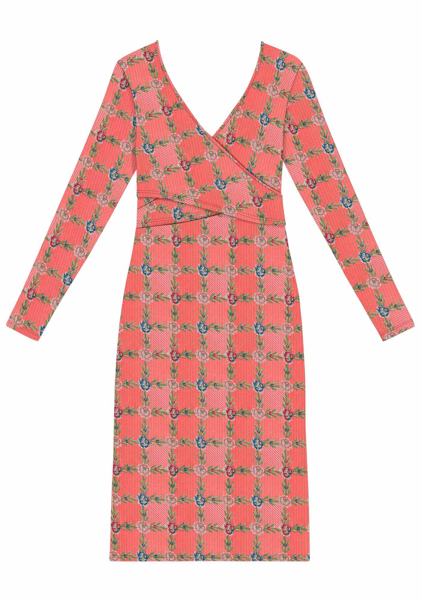 Vestido Midi Manga Longa Canelado Estampado, , large.