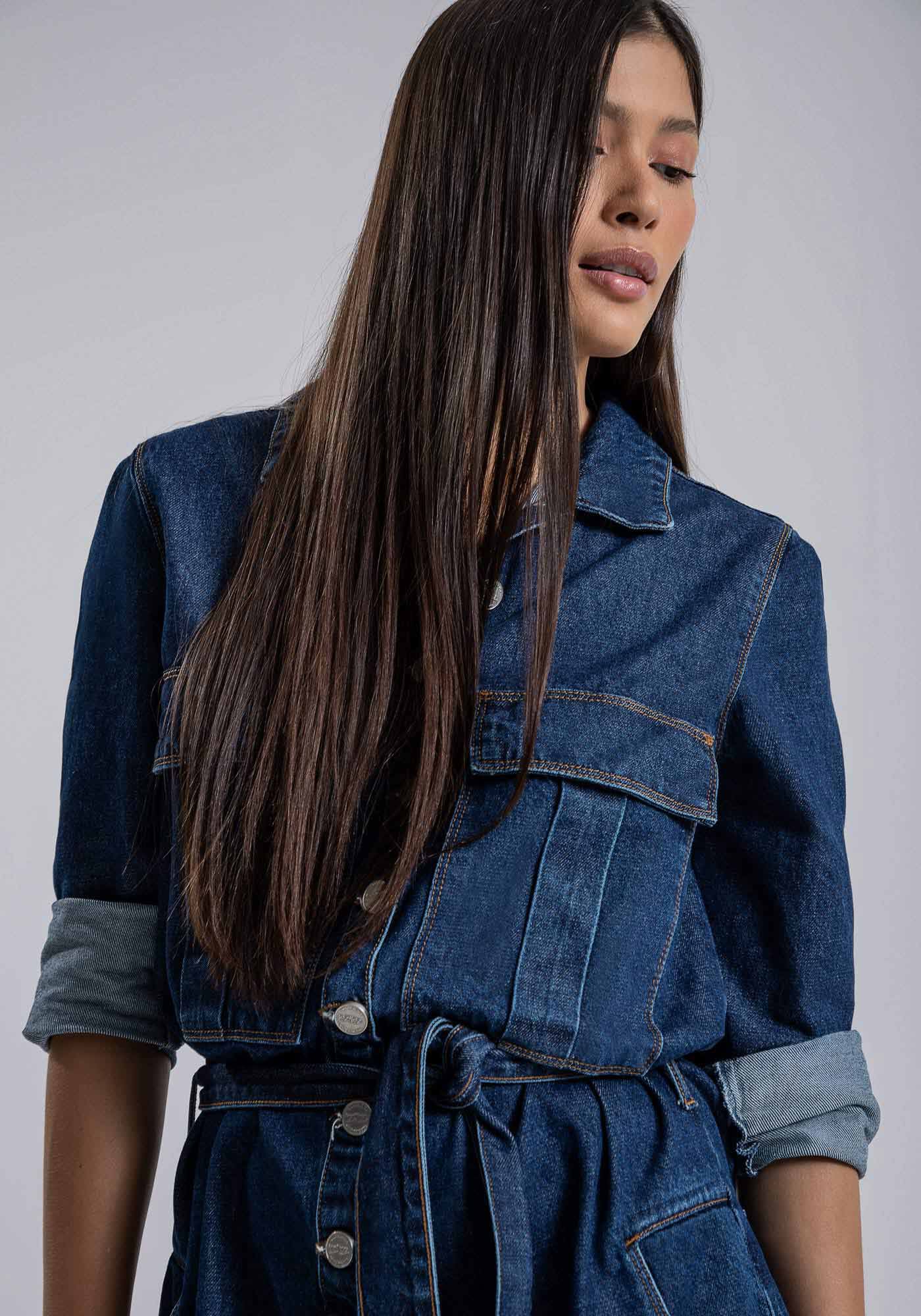 Macac&atilde;o Jeans Curto Manga Longa com Faixa, JEANS, large.