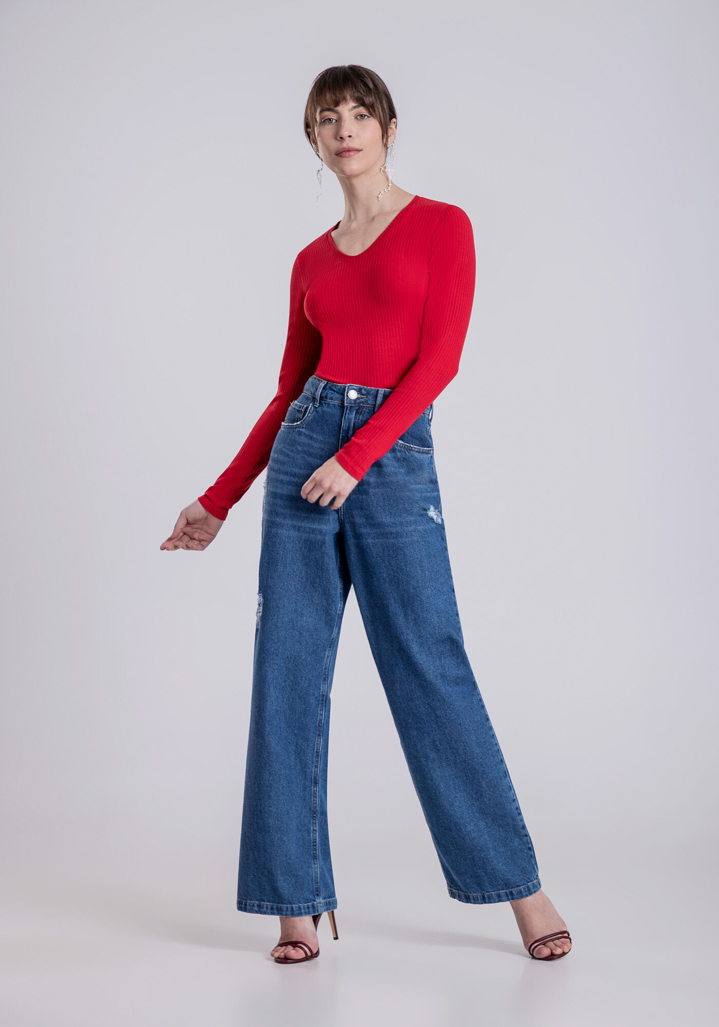 Blusa Manga Longa em Malha Decote V, , large.