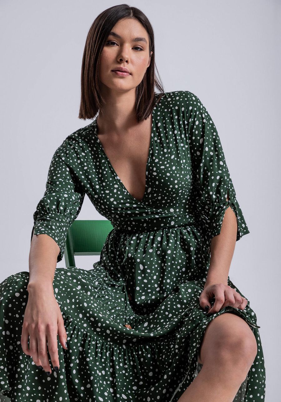Vestido Midi Manga 3/4 em Viscose Transpassado, . Vestido Midi Manga 3/4 em Viscose Transpassado, , large.