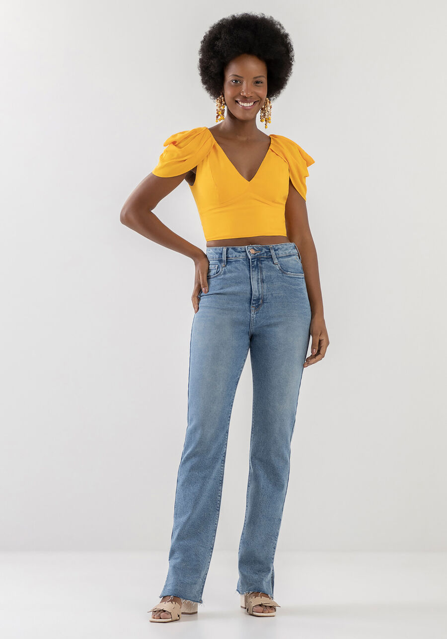 Blusa Cropped em Crepe com Pregas Mangas, AMARELO ENERGY, large.