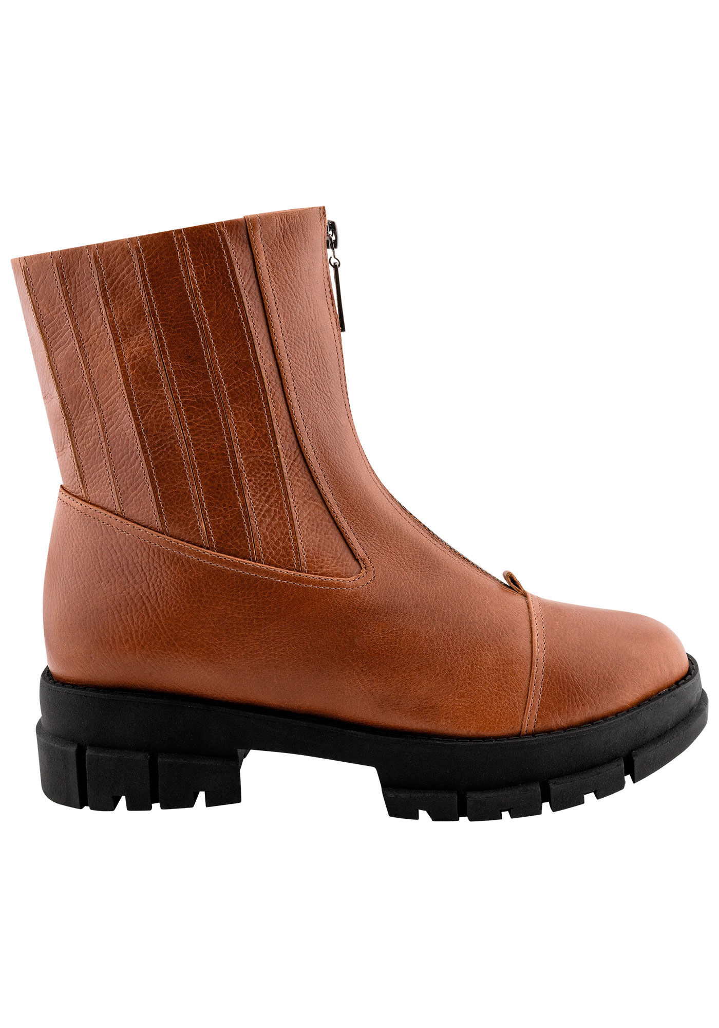 Bota Coturno Cano Baixo em Couro com Z&iacute;per, CARAMELO, large.