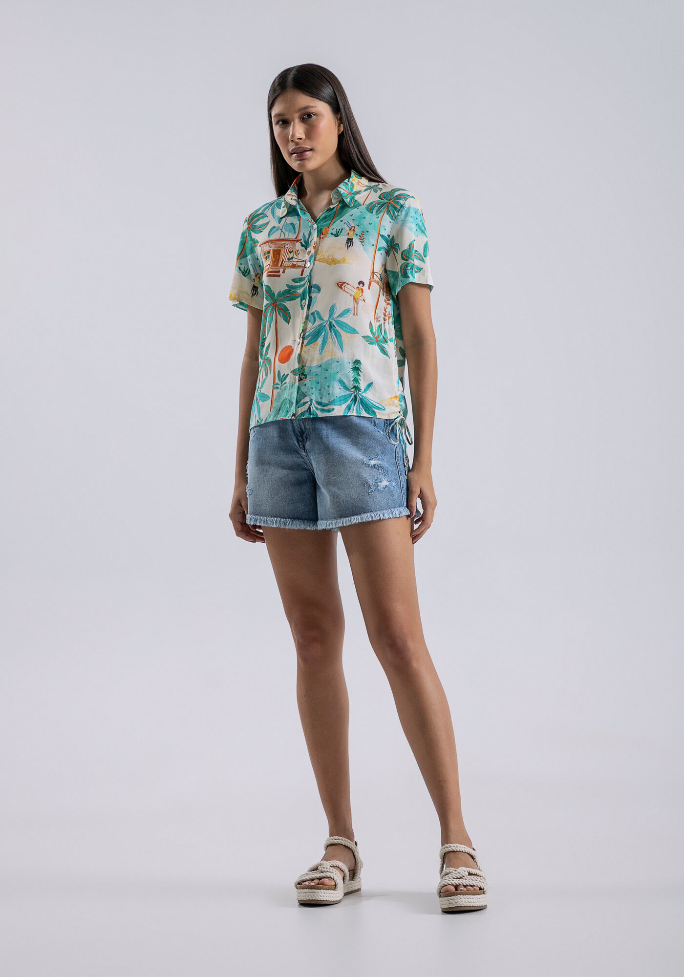 Camisa Manga Curta Viscose com Franzido, , large.