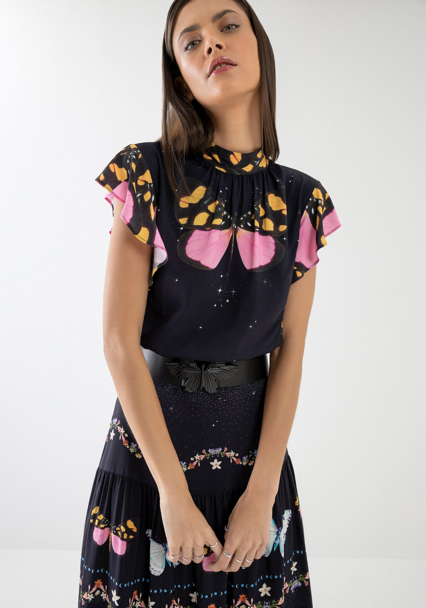 Blusa Cropped Estampada em Viscose com Babados, , large.