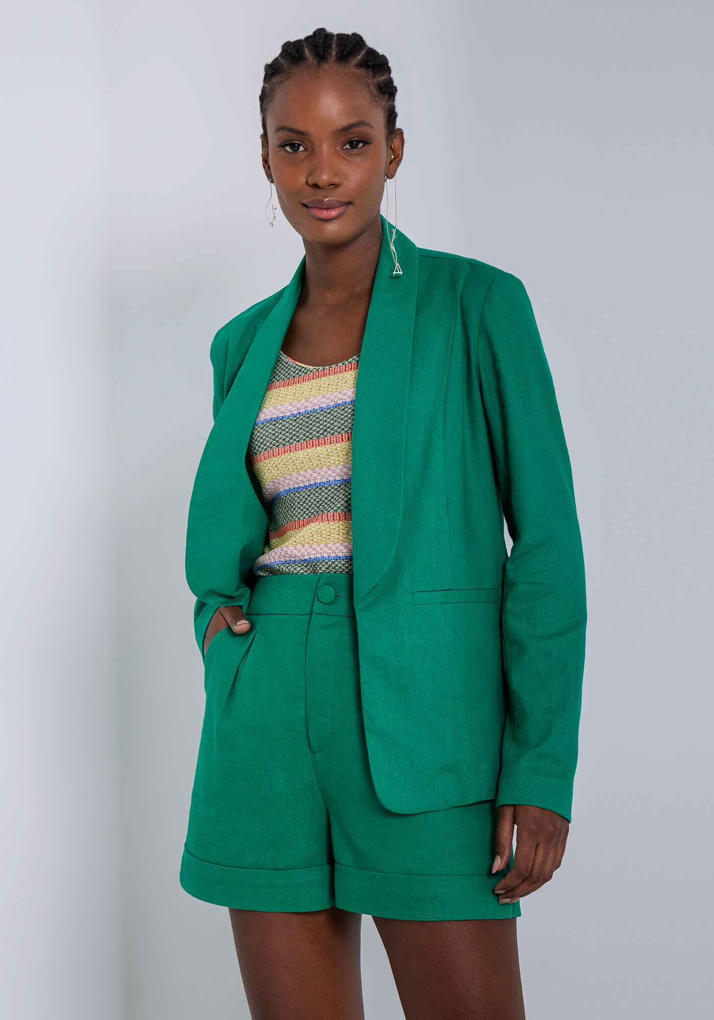 Blazer Boyfriend em Linho com Lapela, VERDE GLIMMER, large.