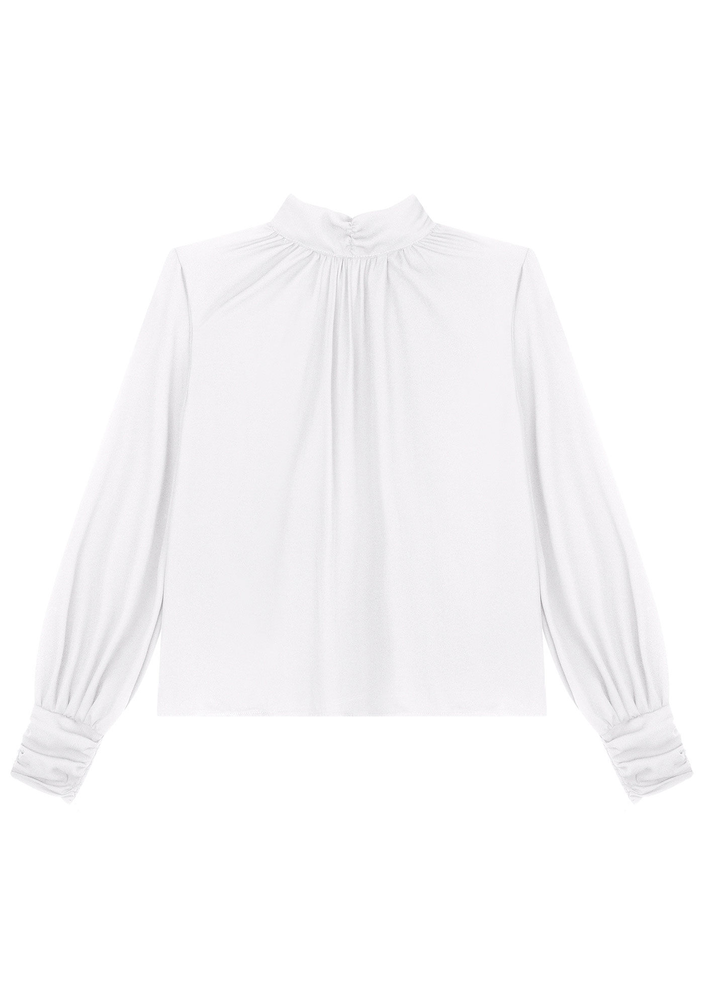 Blusa Manga Longa em Crepe com Gola Alta Franzida, , large.