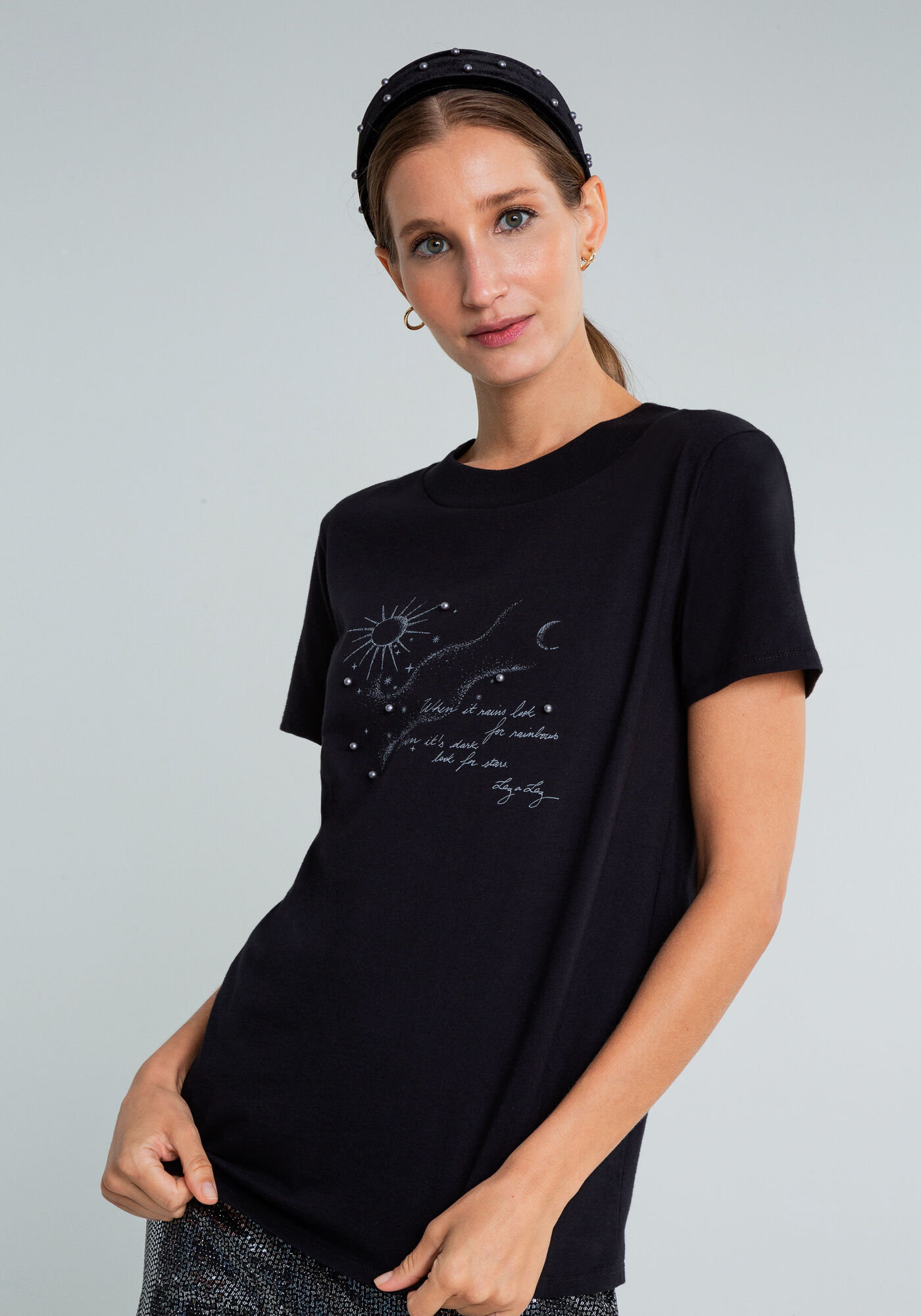 T-shirt P&eacute;rolas Faixa Veludo, PRETO, large.