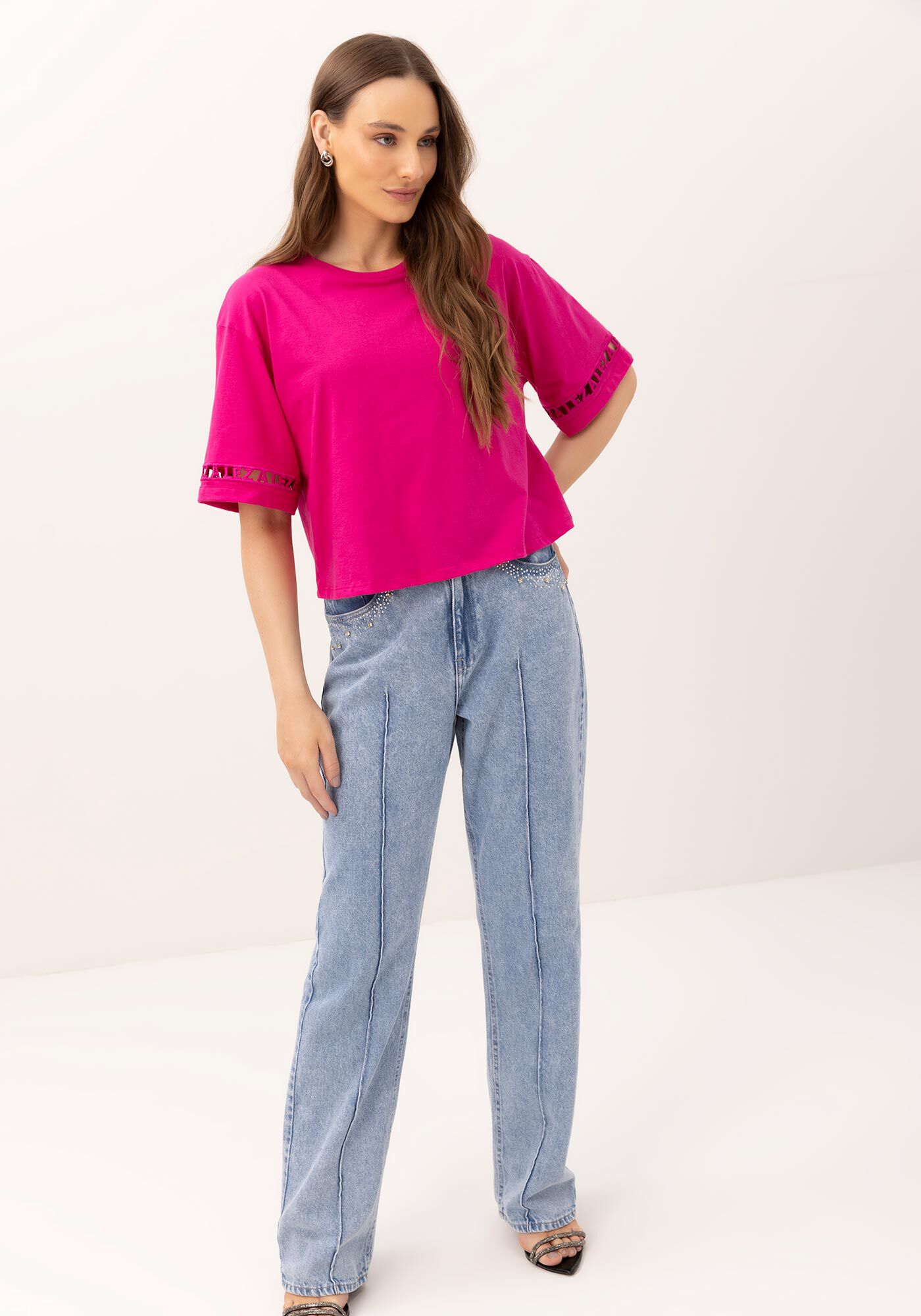 T-shirt Oversized com Bordado Vazado Manga, , large.