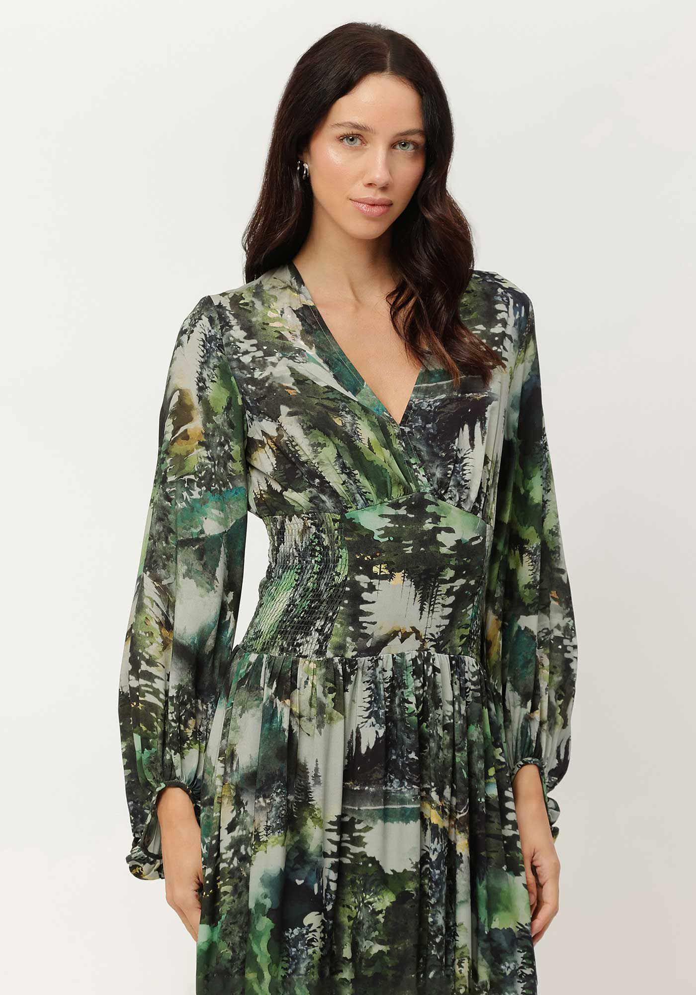 Vestido Midi Estampado com Manga Longa Bufante, , large.