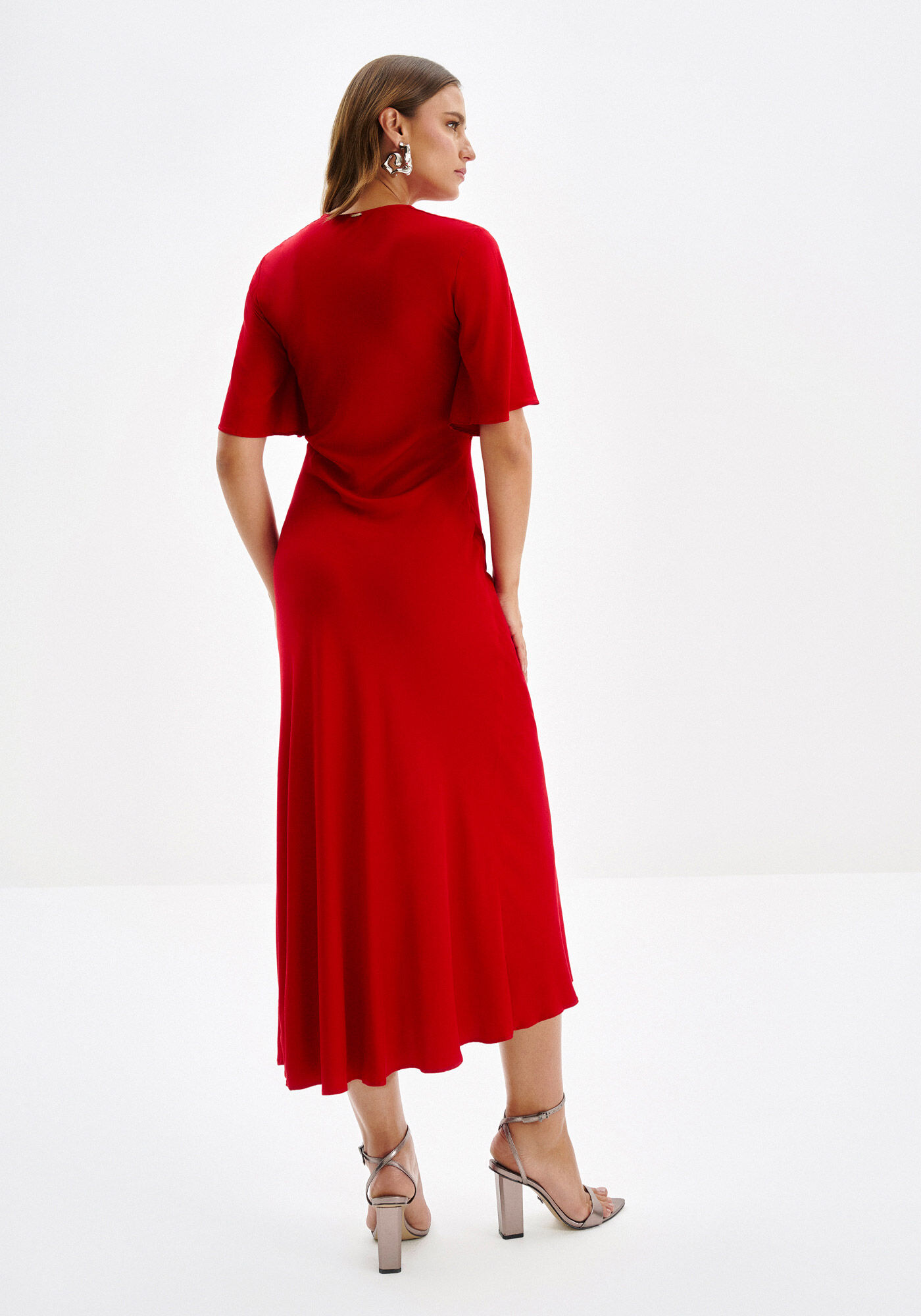 Vestido Midi Manga Flare com Cut e Amarra&ccedil;&atilde;o, , large.