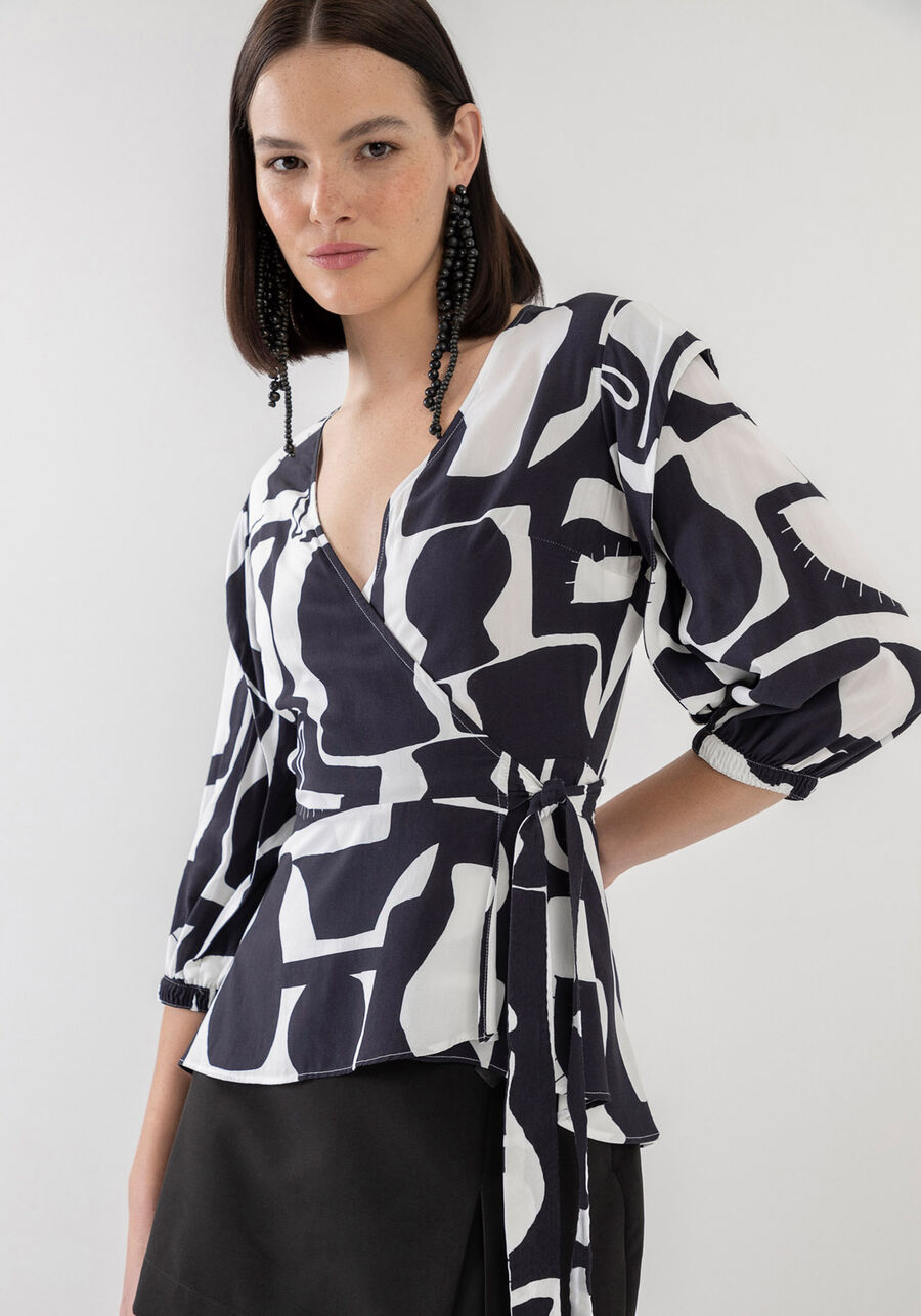 Blusa Transpassada Estampada com Recorte Ombros, . Blusa Transpassada Estampada com Recorte Ombros, , large.