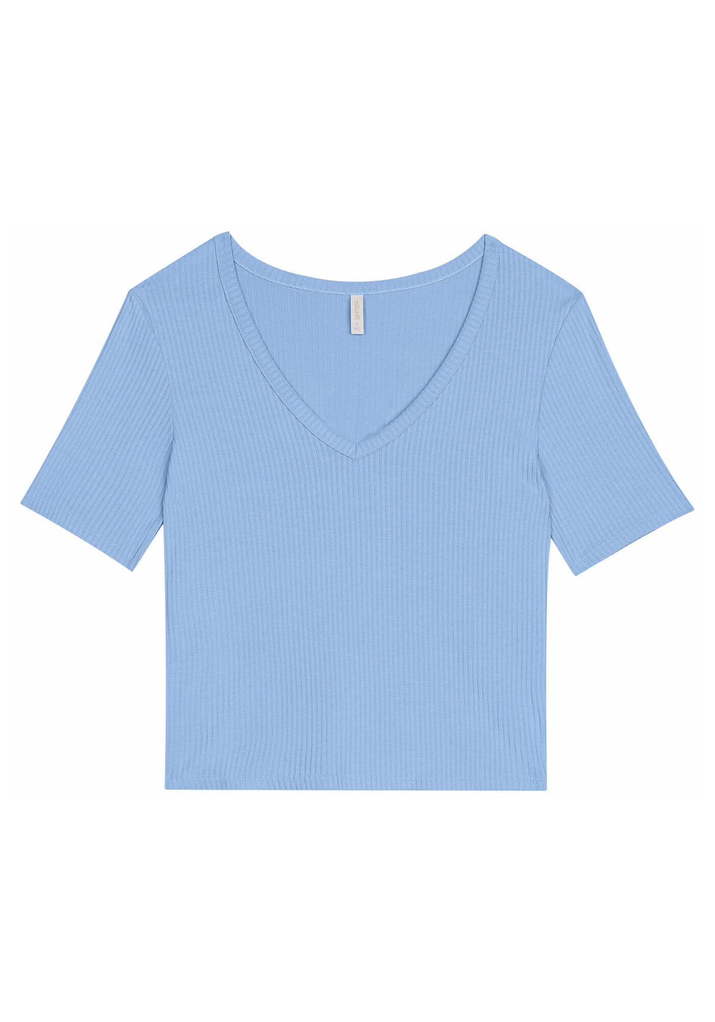 Blusa Manga Curta Canelada com Decote, AZUL ICE CREAM, large.