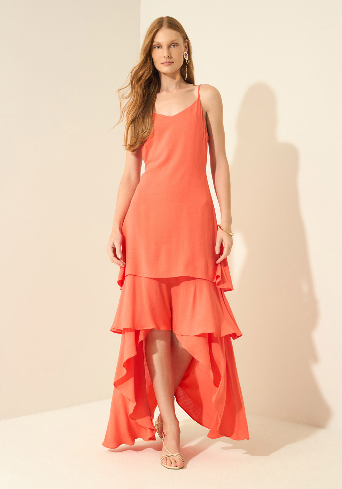 Vestido Longo De Al&ccedil;as Com Babados, SALMAO VERANO, large.