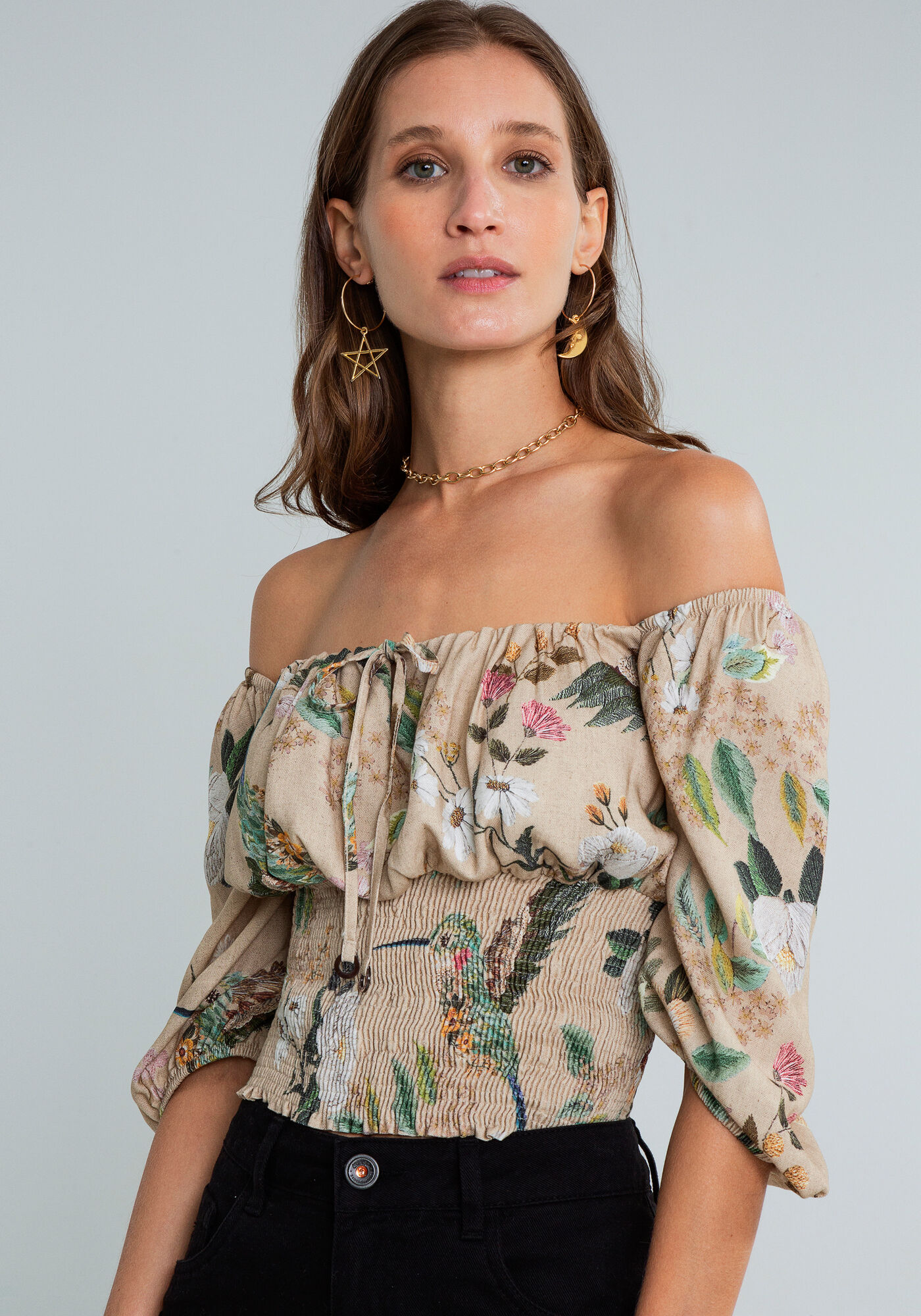 Blusa Manga Bufante Amarra&ccedil;&atilde;o Estampad, BEIJA FLOR, large.