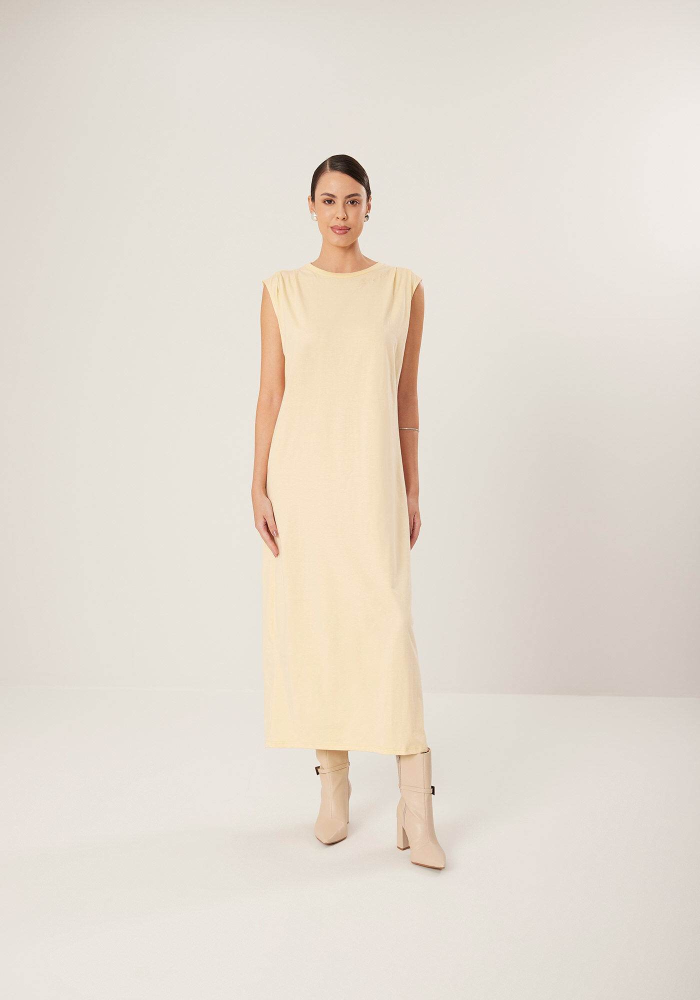 Vestido Midi Ch&aacute; Em Algod&atilde;o Com Drapeado Nos Ombros, , large.