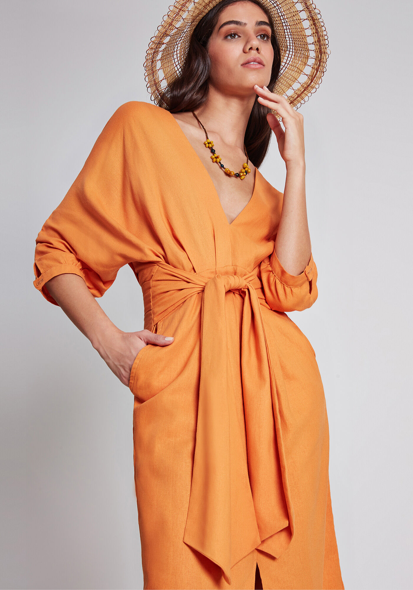 Vestido M&iacute;di Cinto Linho, , large.