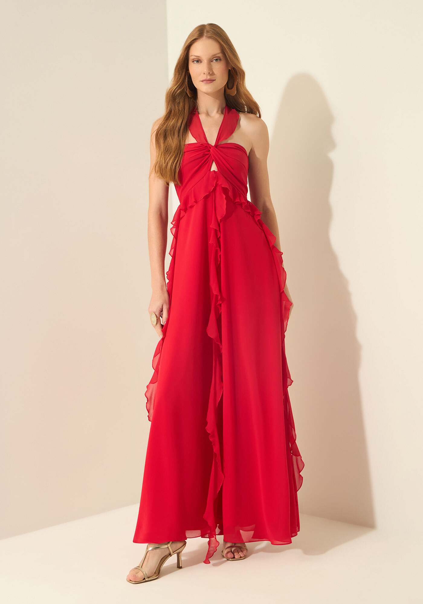 Vestido Longo Frente &Uacute;nica Com Babados, VERMELHO POWER, large.