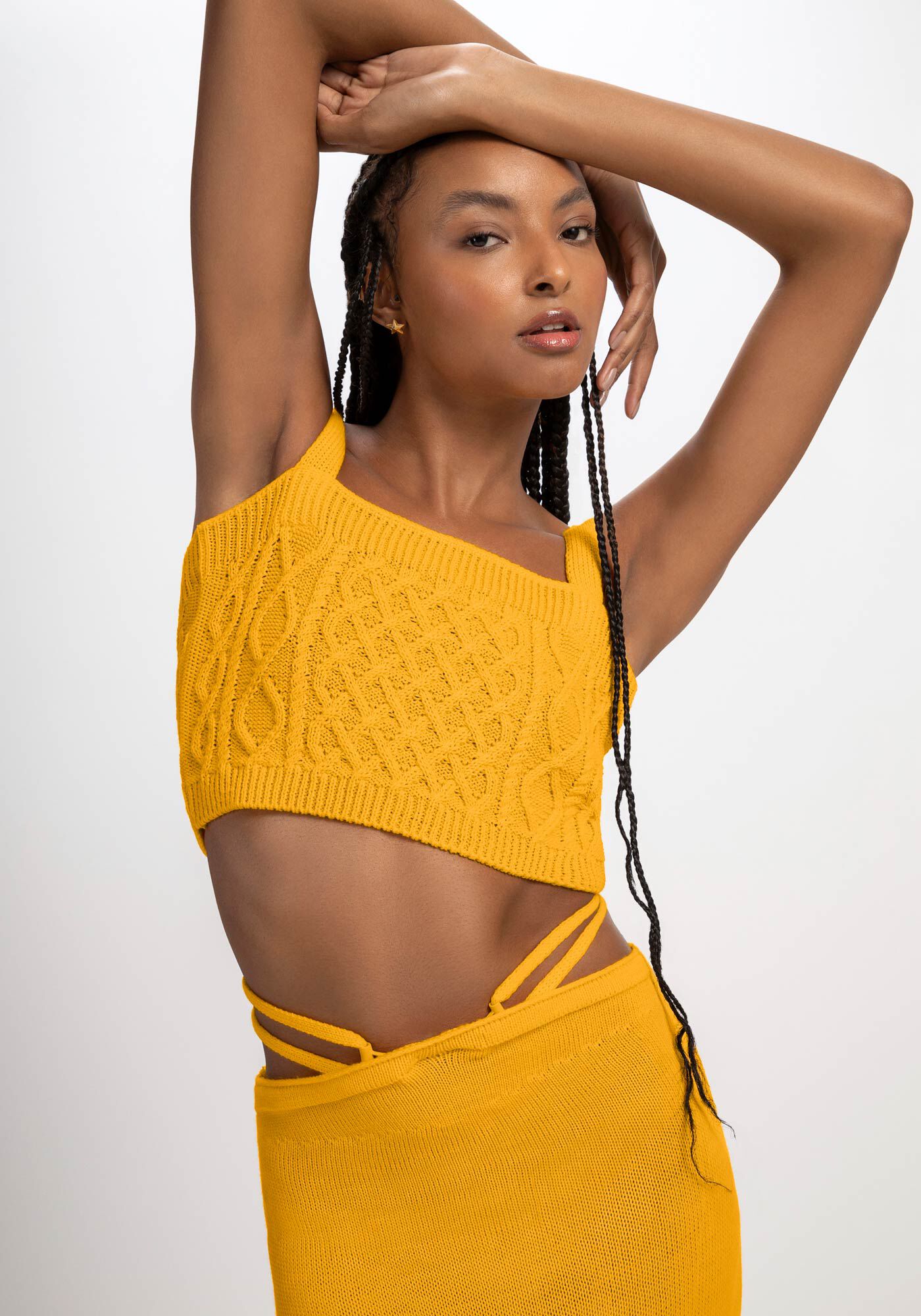 Blusa Manga Longa em Tric&ocirc; com Top, AMARELO ANGUS, large.