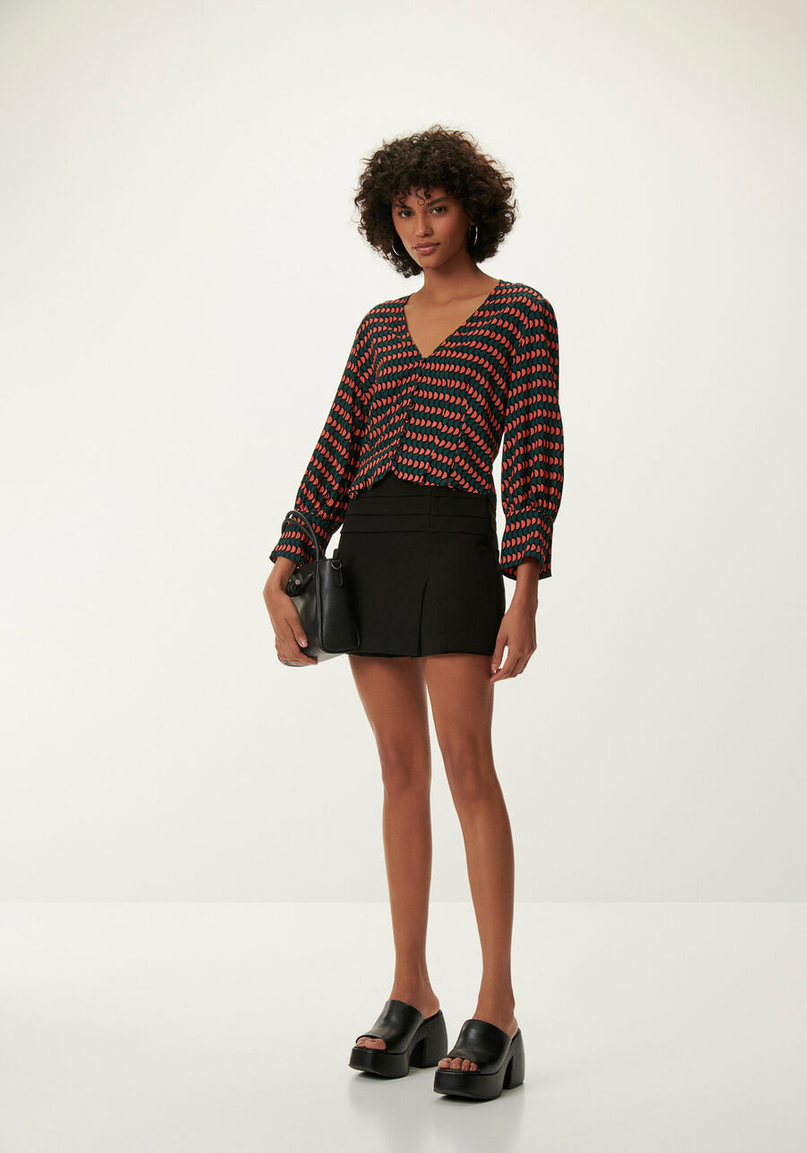 Blusa Manga 3/4 Bufante Estampada com Botões, . Blusa Manga 3/4 Bufante Estampada com Botões, , large.