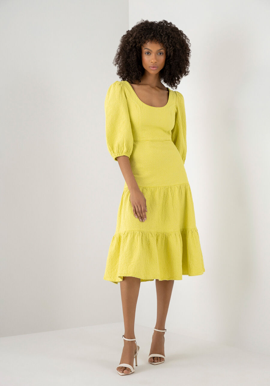 Vestido Midi Texturizado com Manga 3/4 Sustentável, . Vestido Midi Texturizado com Manga 3/4 Sustentável, , large.