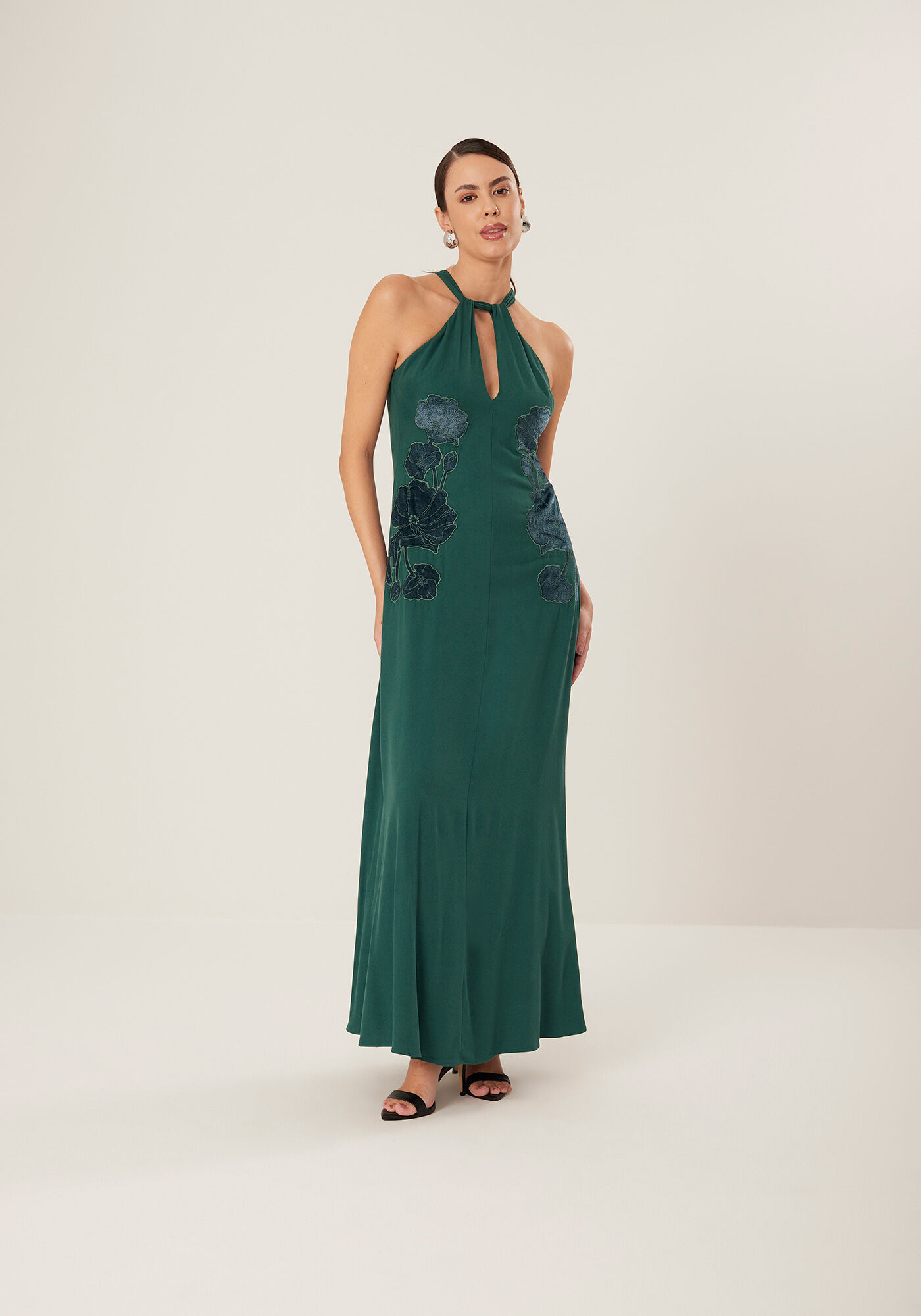 Vestido Longo Com Bordados Frontais Em Crepe De Viscose, VERDE CERES, large.