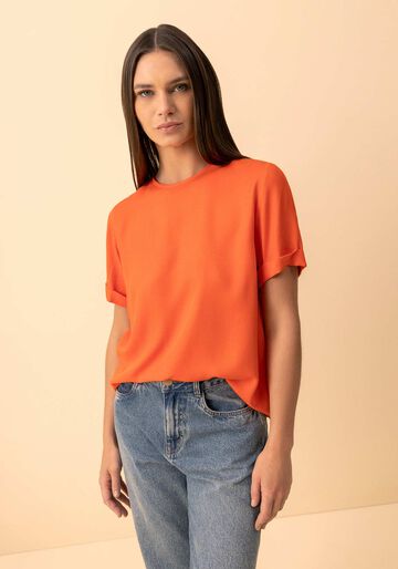 Blusa De Mangas Curtas Com Bordado Localizado Essential, LARANJA PAIXAO. Blusa De Mangas Curtas Com Bordado Localizado Essential, LARANJA PAIXAO, large.