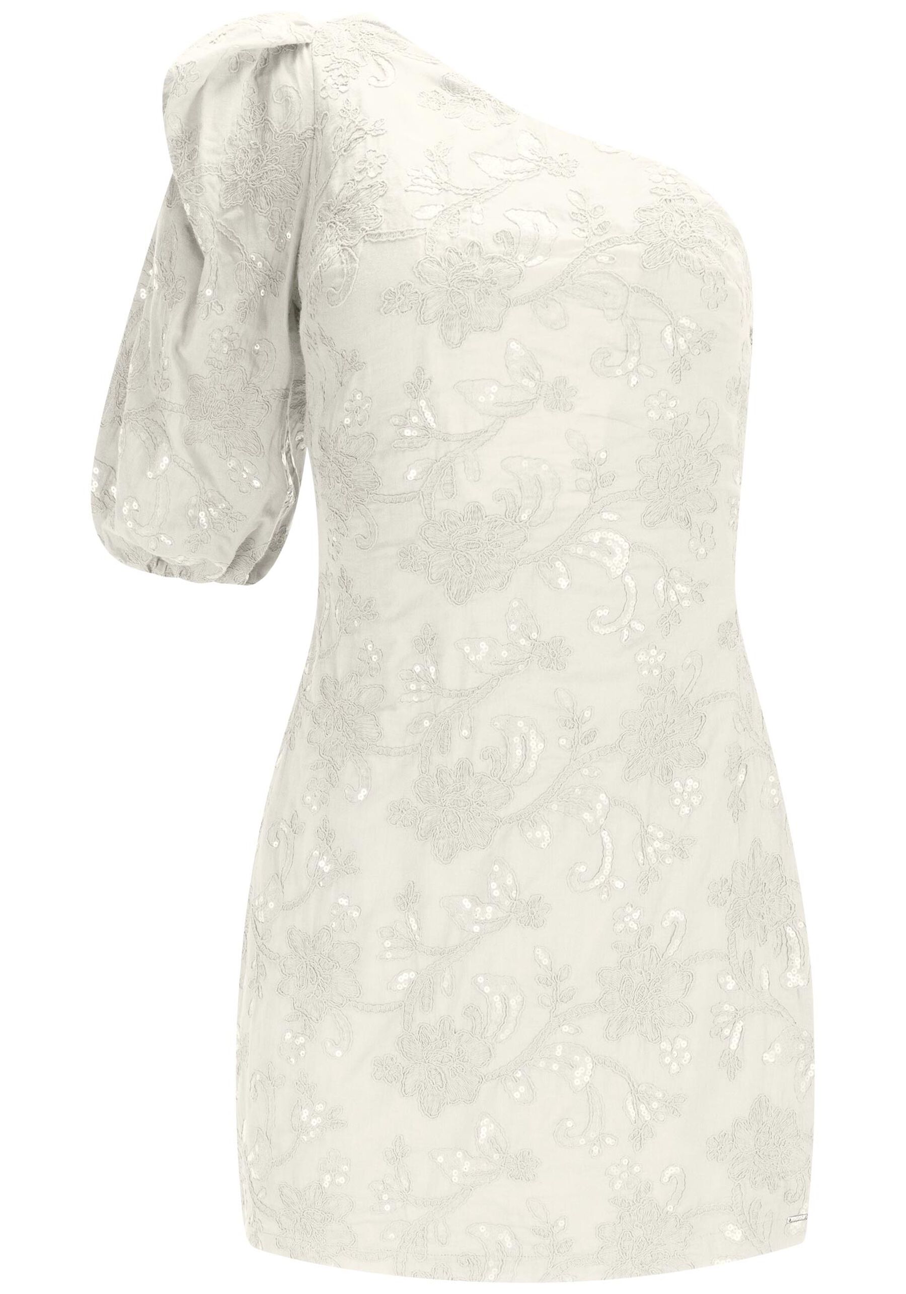 Vestido Curto Um Ombro Só em Tecido Bordado Paetês, BRANCO OFF WHITE. Vestido Curto Um Ombro Só em Tecido Bordado Paetês, BRANCO OFF WHITE, large.