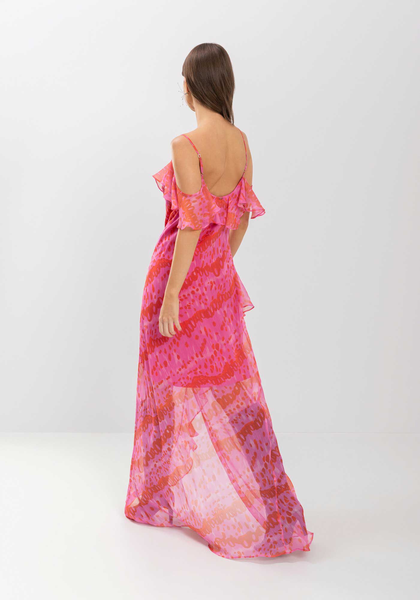 Vestido Longo De Al&ccedil;as Com Babados E Transpar&ecirc;ncia, , large.