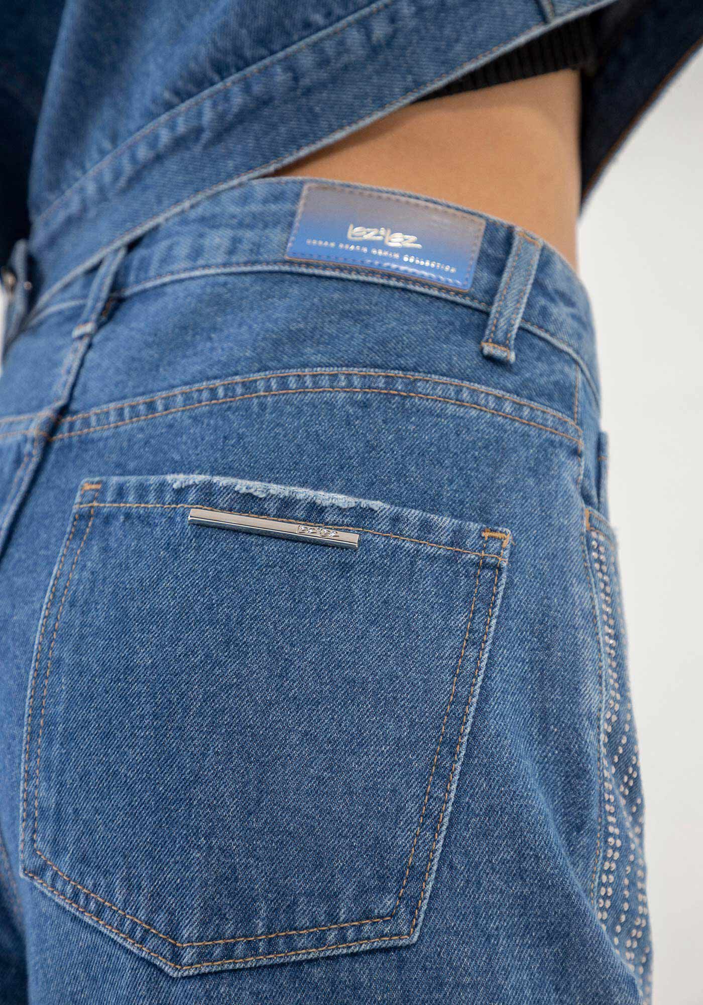 Cal&ccedil;a Jeans Reta Super Alta com Strass, JEANS, large.