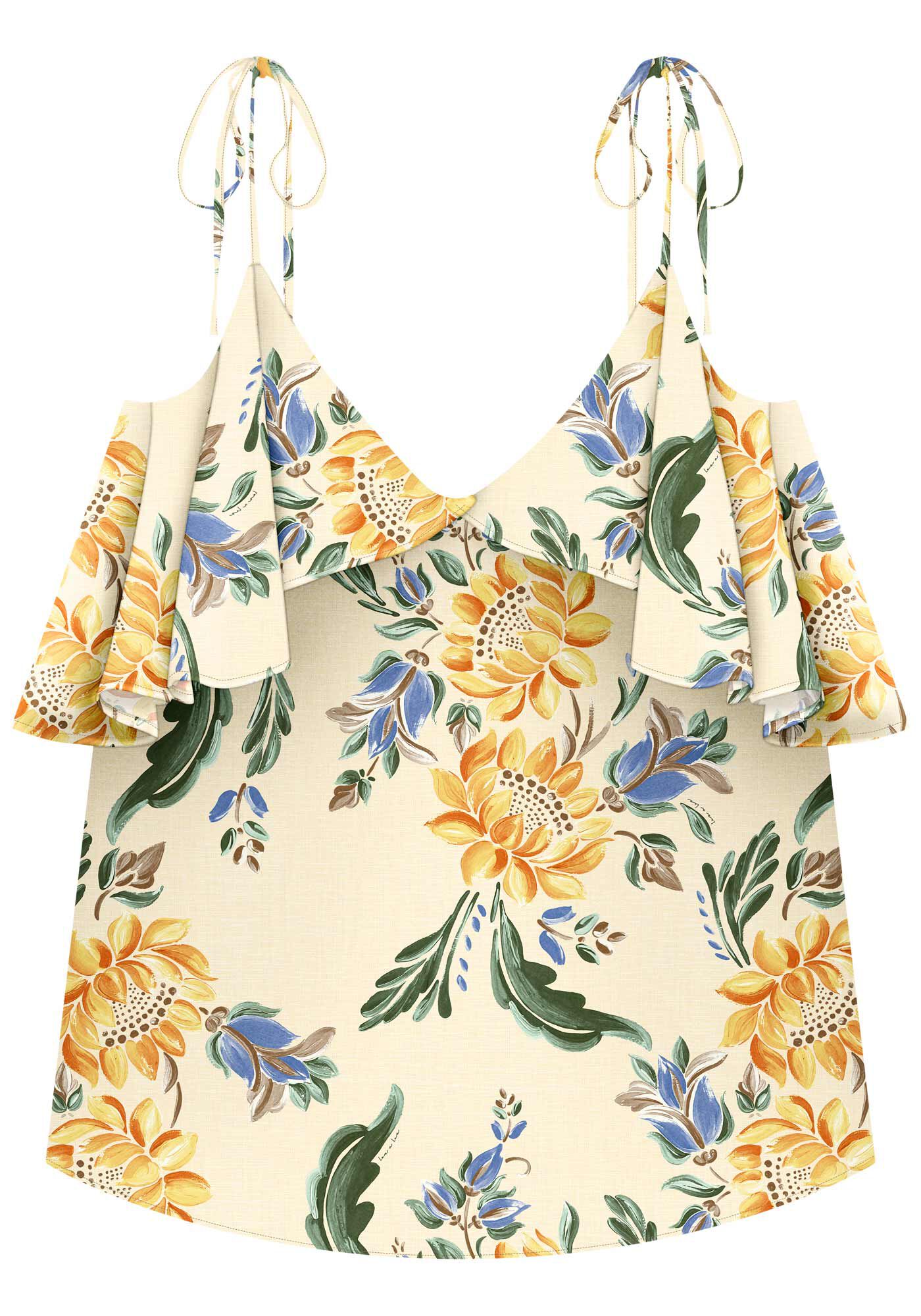 Blusa Fluida Estampada Com Babados E Al&ccedil;as De Amarrar, SUNFLOWER AMARELO, large.