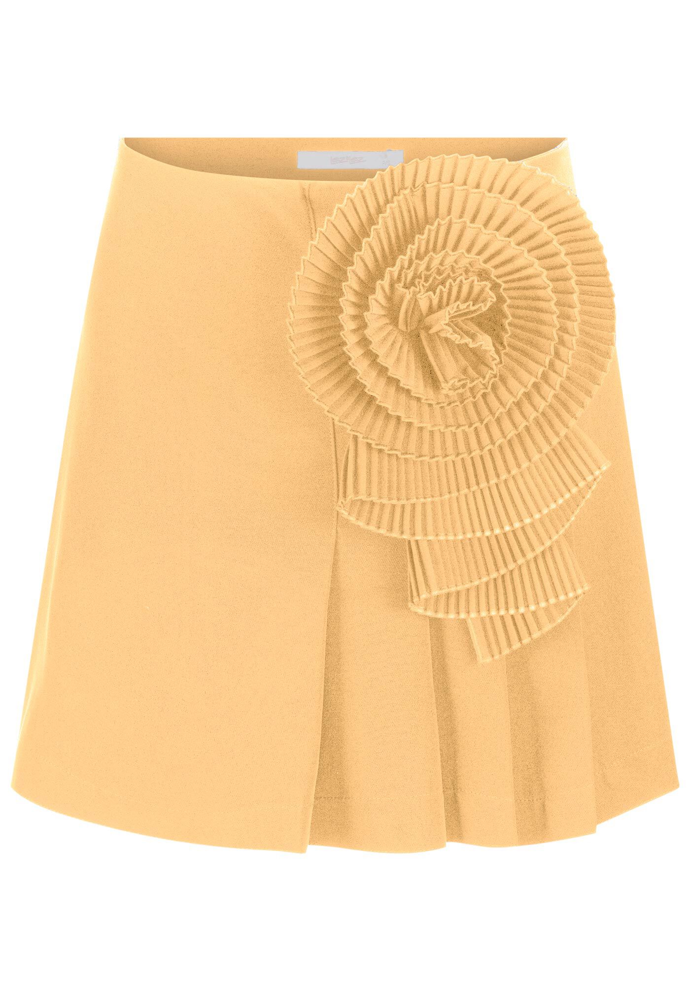 Saia Curta Cintura Alta com Aplica&ccedil;&atilde;o Flor Plissada, , large.